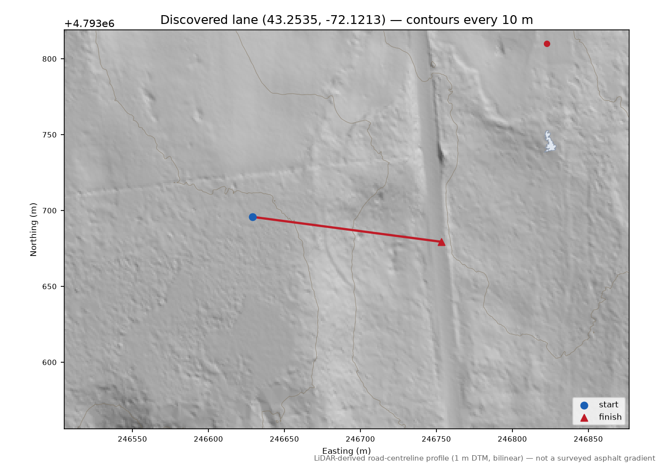 Discovered lane (43.2535, -72.1213) LiDAR hillshade map with contours