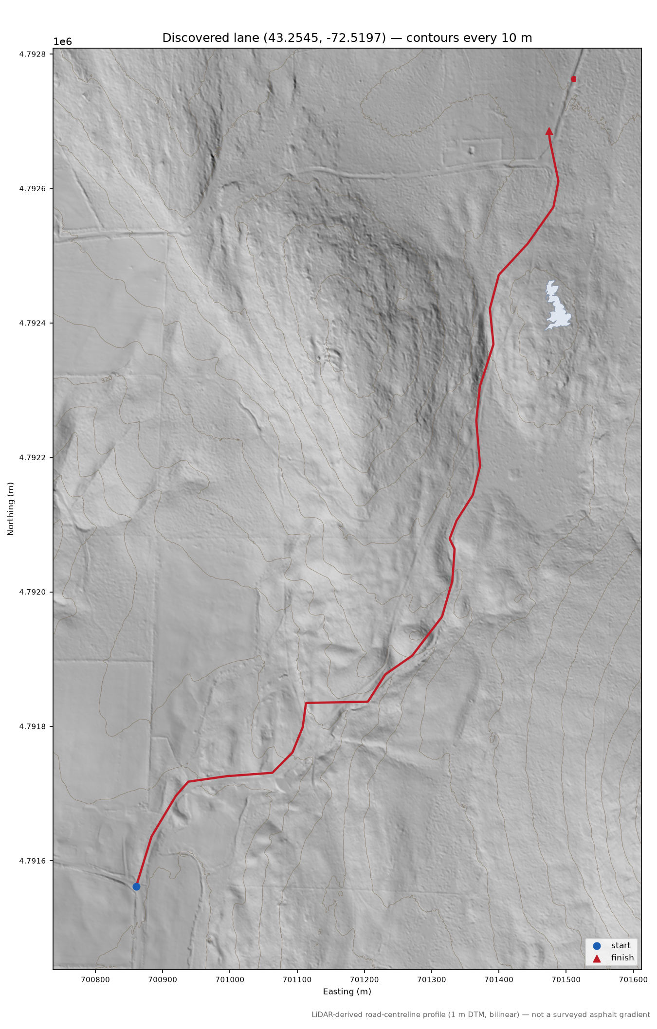 Discovered lane (43.2545, -72.5197) LiDAR hillshade map with contours