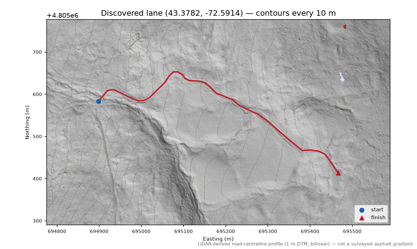 Discovered lane (43.3782, -72.5914) LiDAR hillshade map with contours