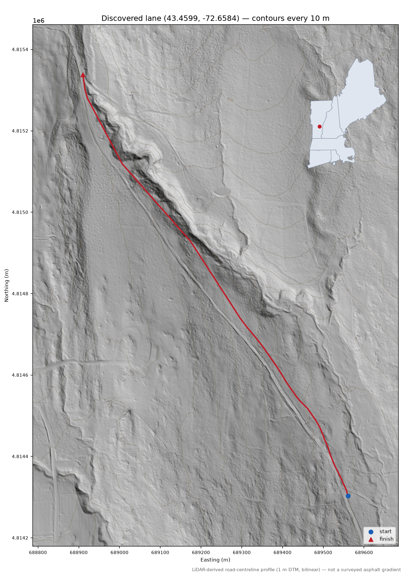 Discovered lane (43.4599, -72.6584) LiDAR hillshade map with contours