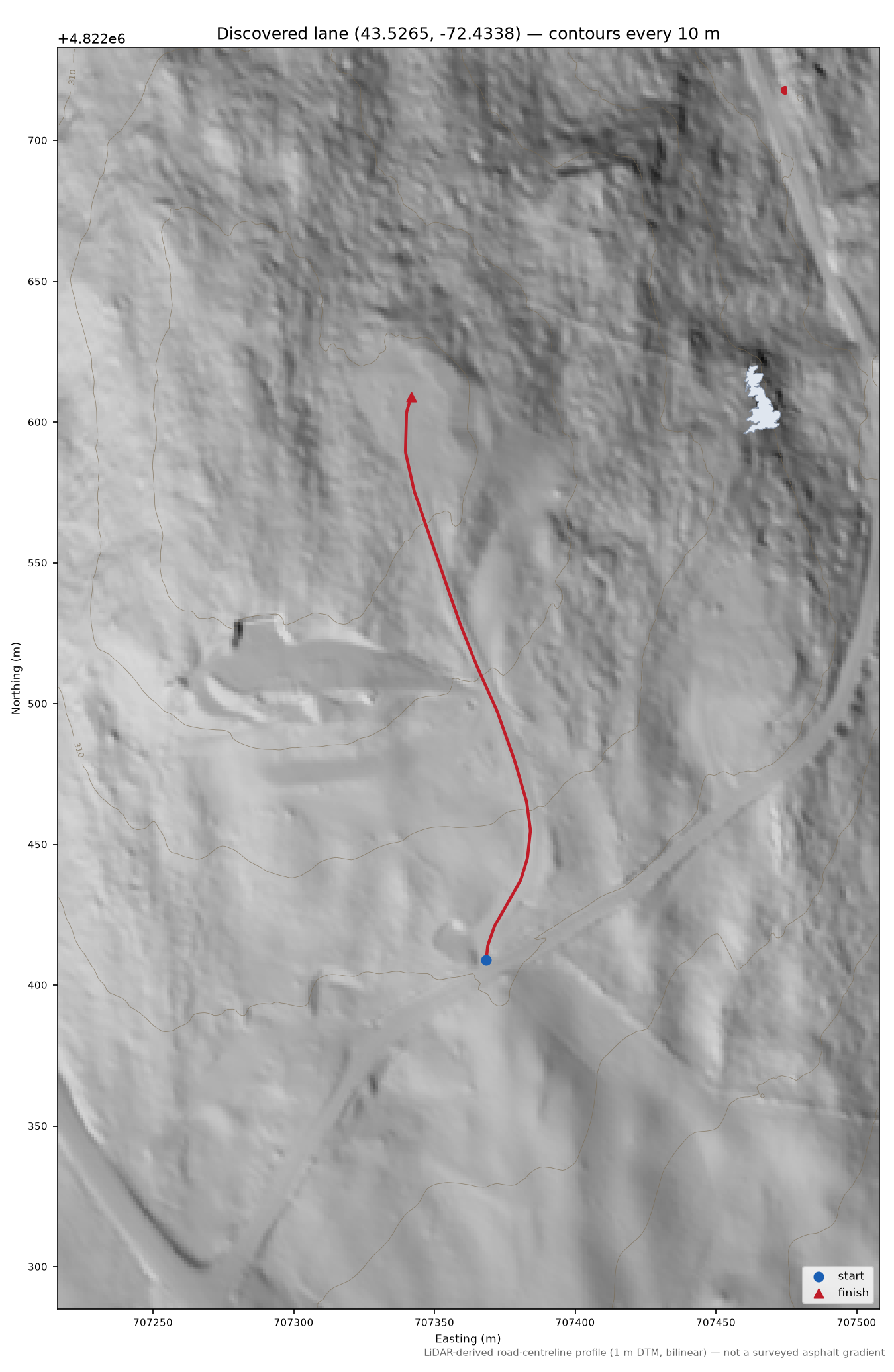 Discovered lane (43.5265, -72.4338) LiDAR hillshade map with contours