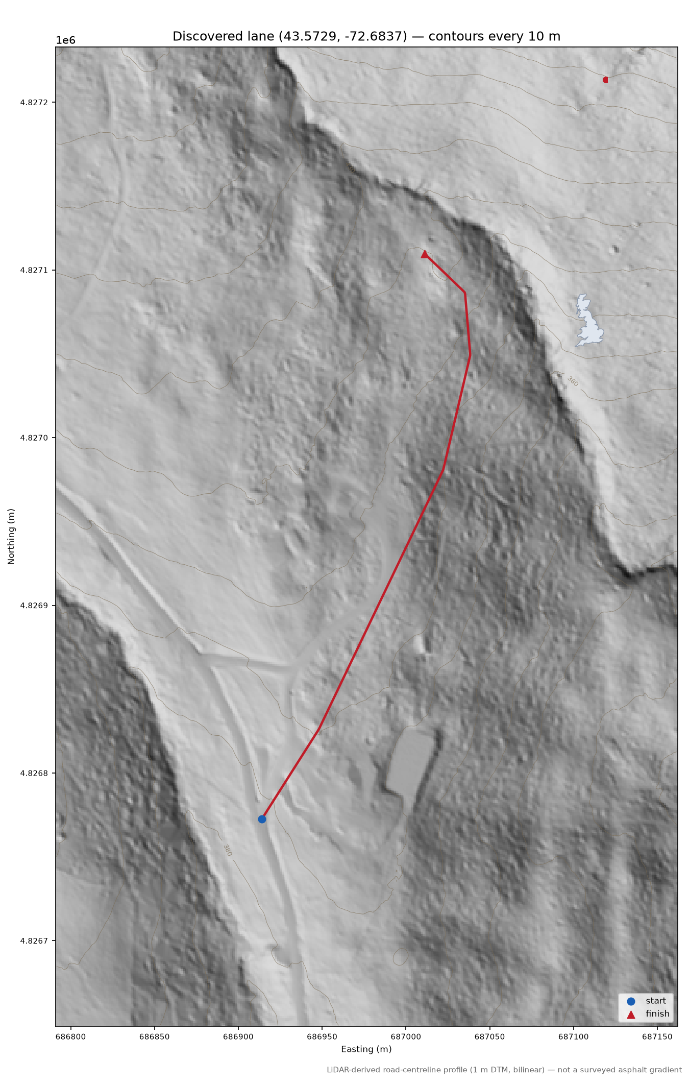 Discovered lane (43.5729, -72.6837) LiDAR hillshade map with contours