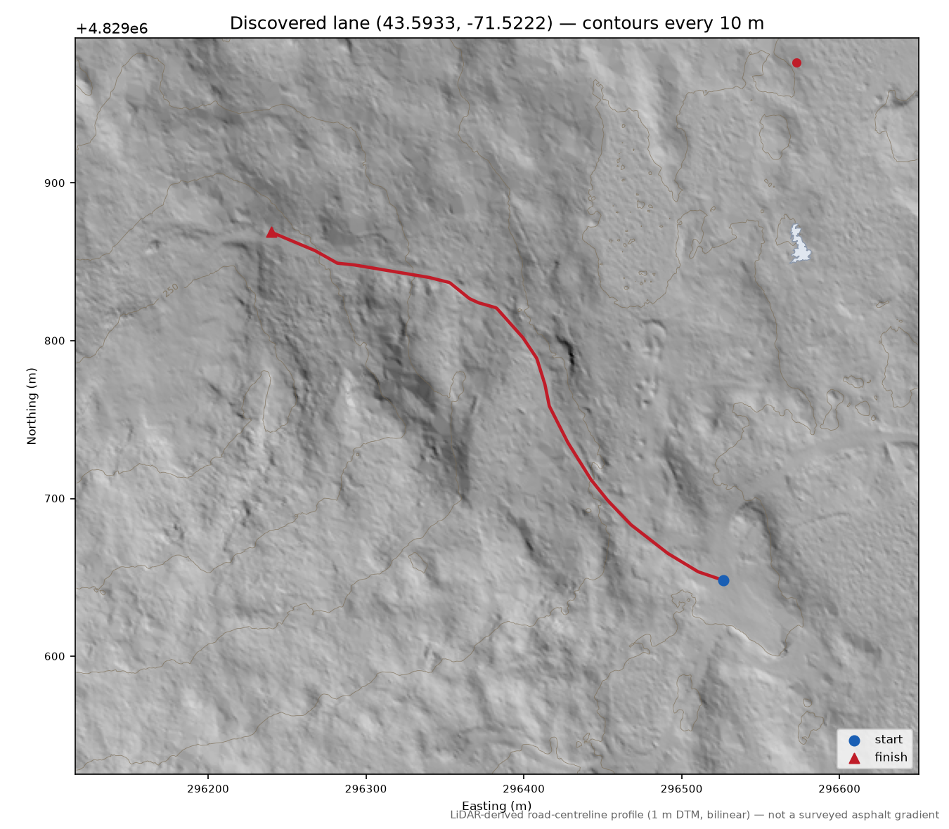 Discovered lane (43.5933, -71.5222) LiDAR hillshade map with contours