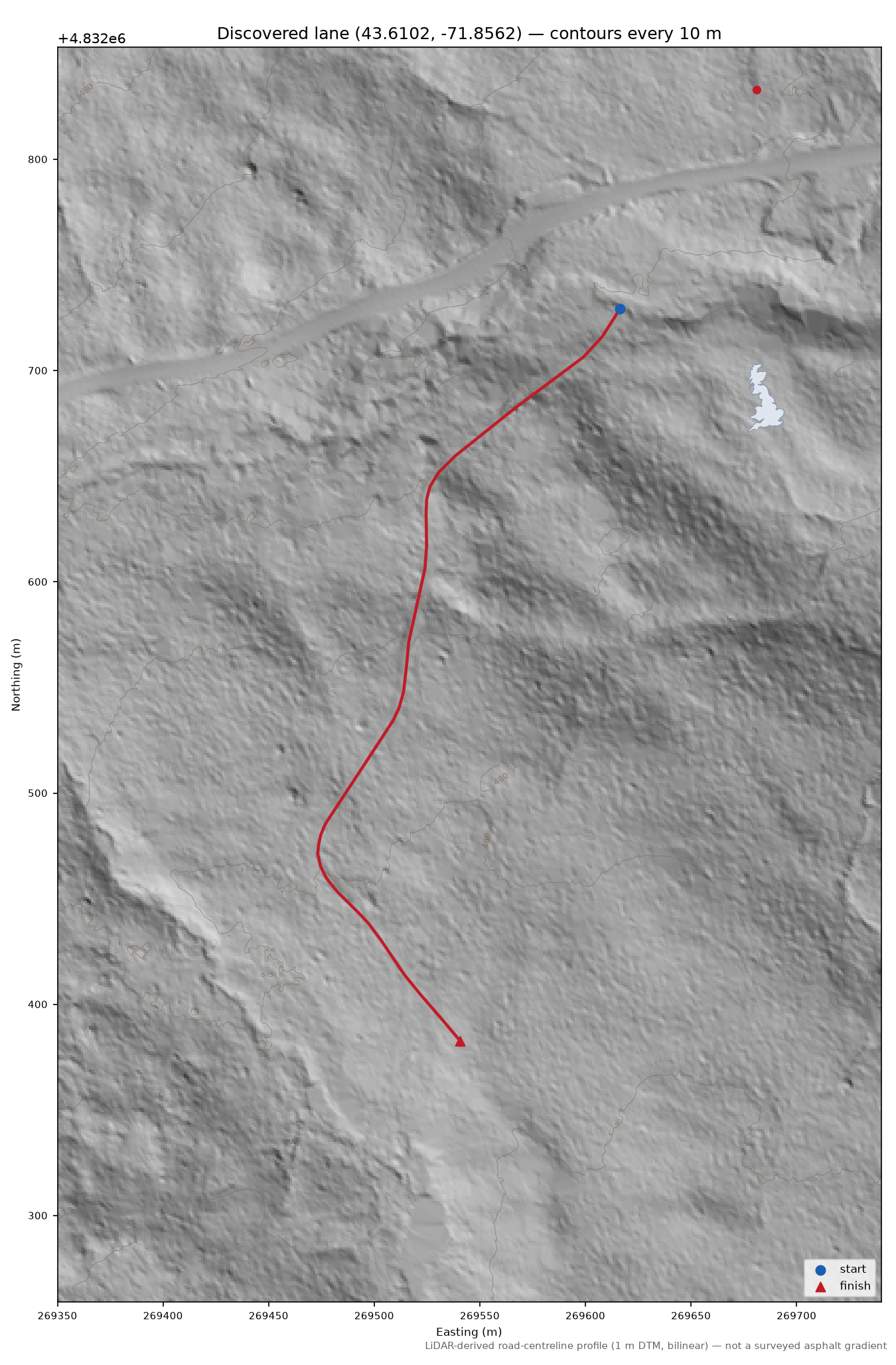 Discovered lane (43.6102, -71.8562) LiDAR hillshade map with contours
