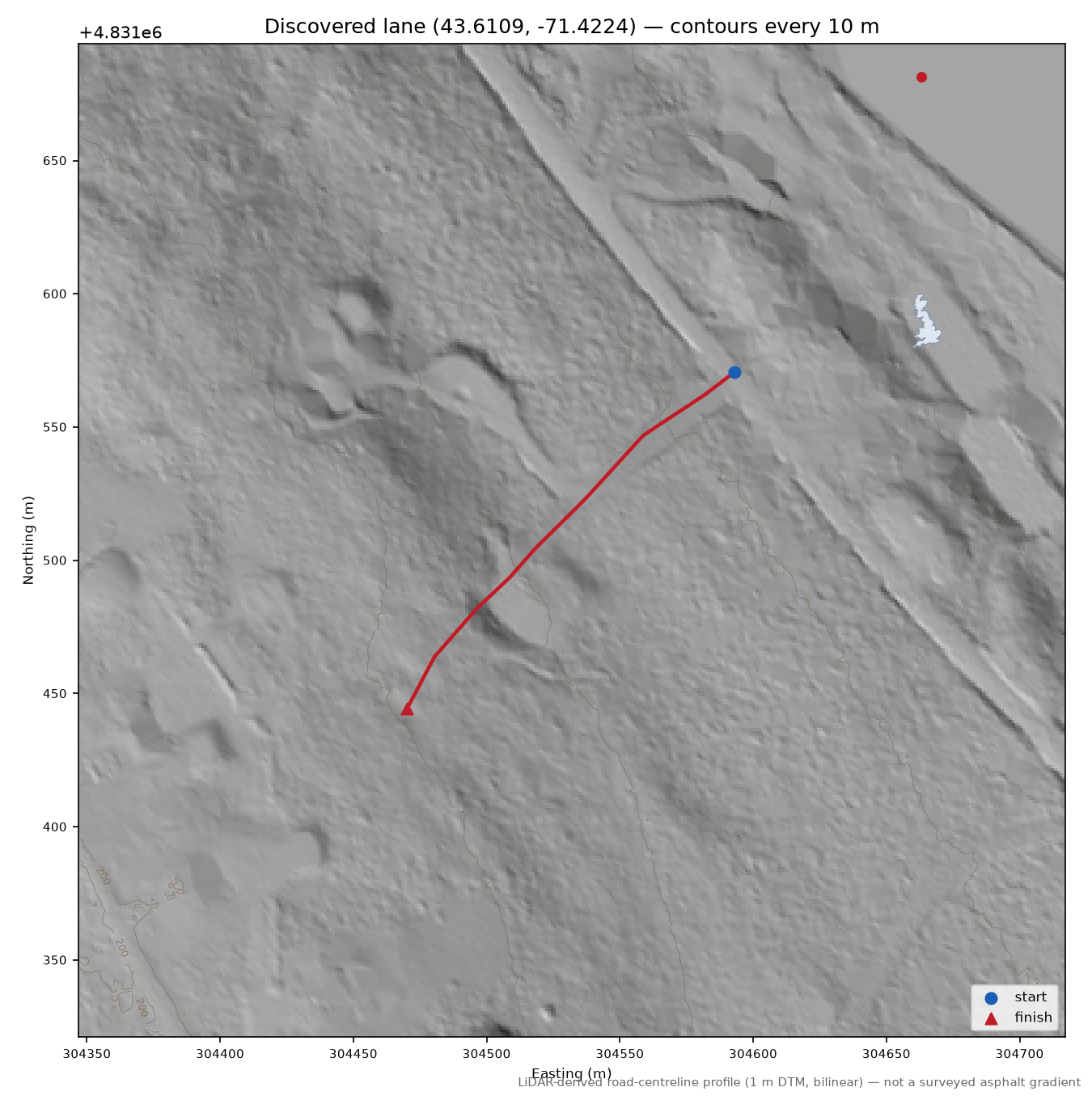 Discovered lane (43.6109, -71.4224) LiDAR hillshade map with contours