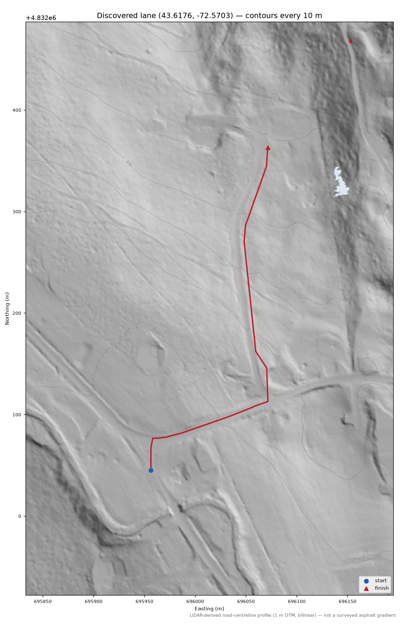 Discovered lane (43.6176, -72.5703) LiDAR hillshade map with contours