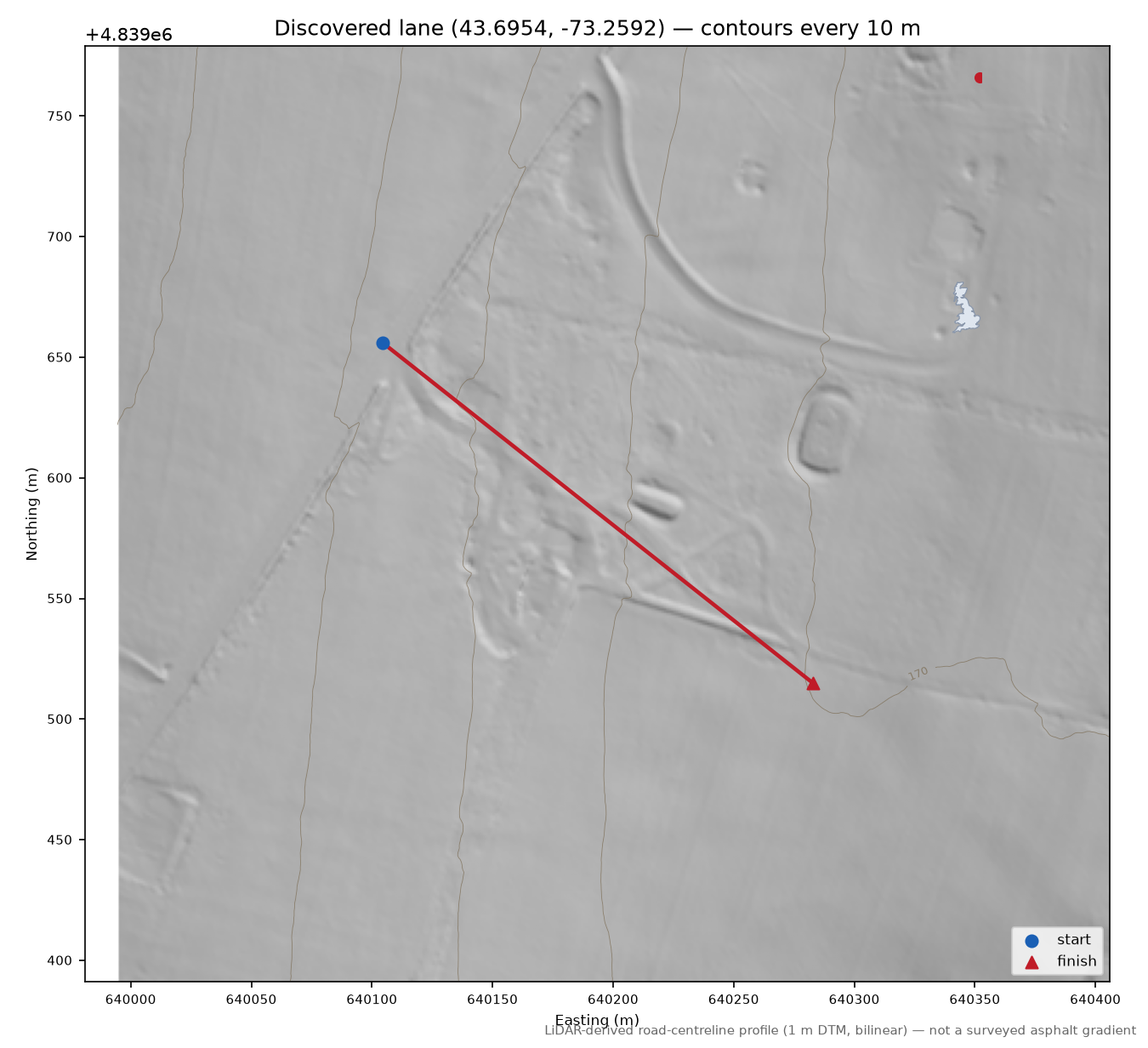 Discovered lane (43.6954, -73.2592) LiDAR hillshade map with contours