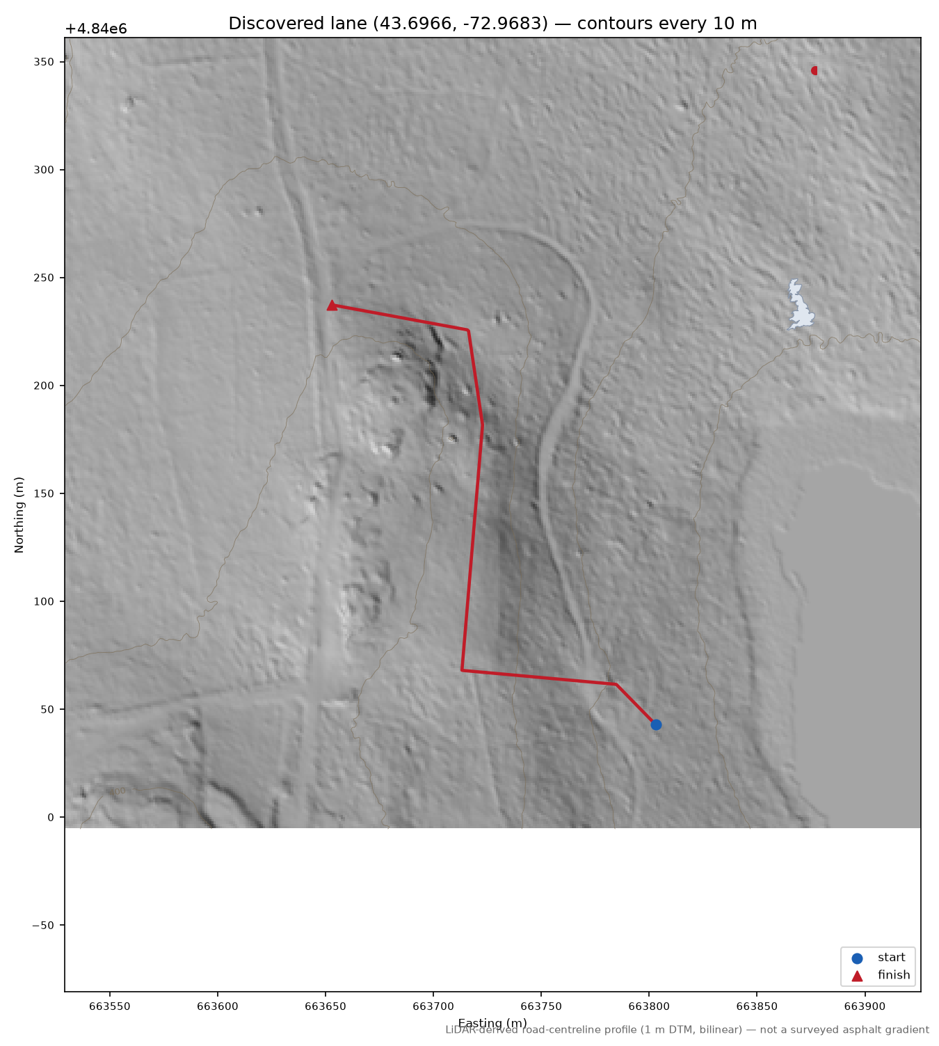 Discovered lane (43.6966, -72.9683) LiDAR hillshade map with contours