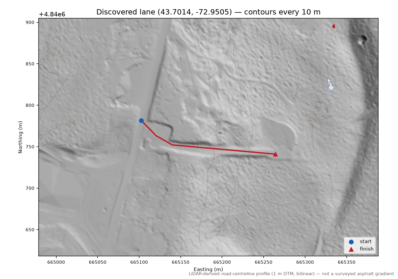 Discovered lane (43.7014, -72.9505) LiDAR hillshade map with contours