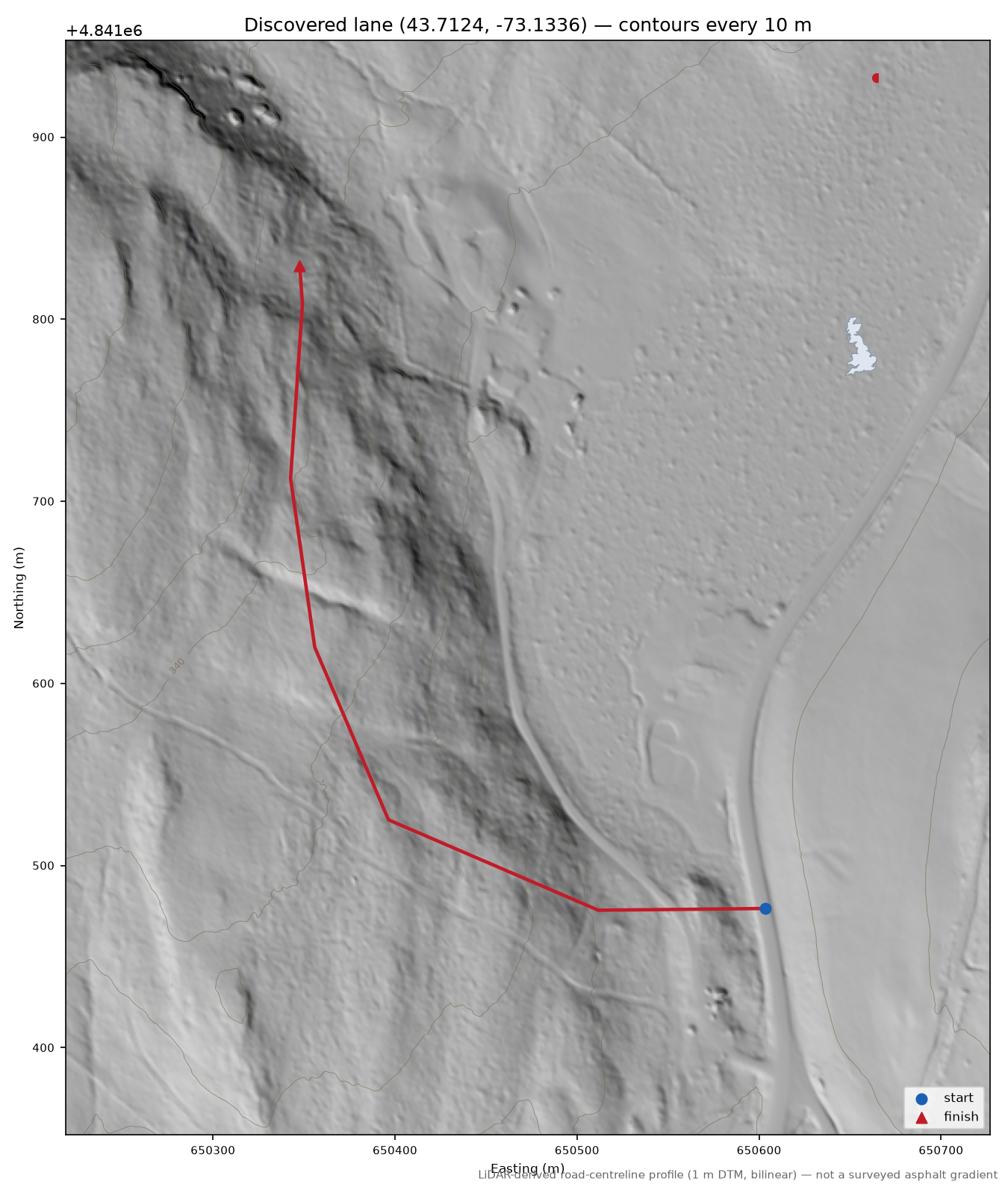 Discovered lane (43.7124, -73.1336) LiDAR hillshade map with contours