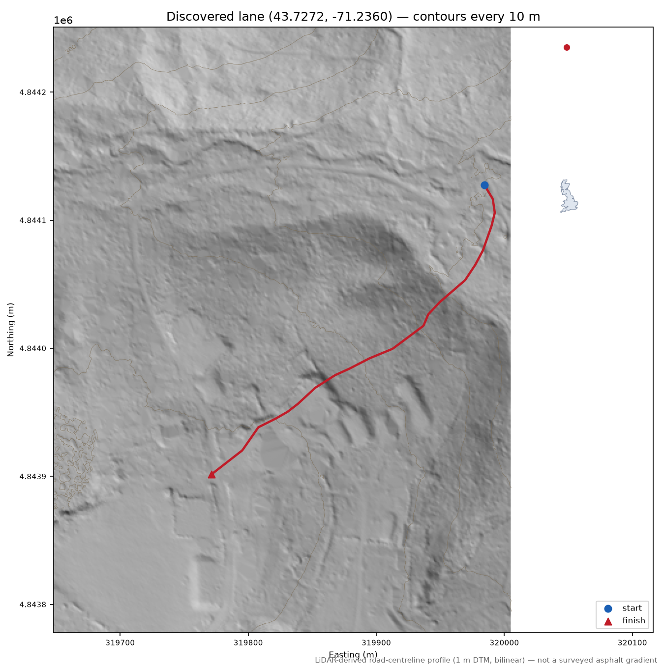 Discovered lane (43.7272, -71.2360) LiDAR hillshade map with contours