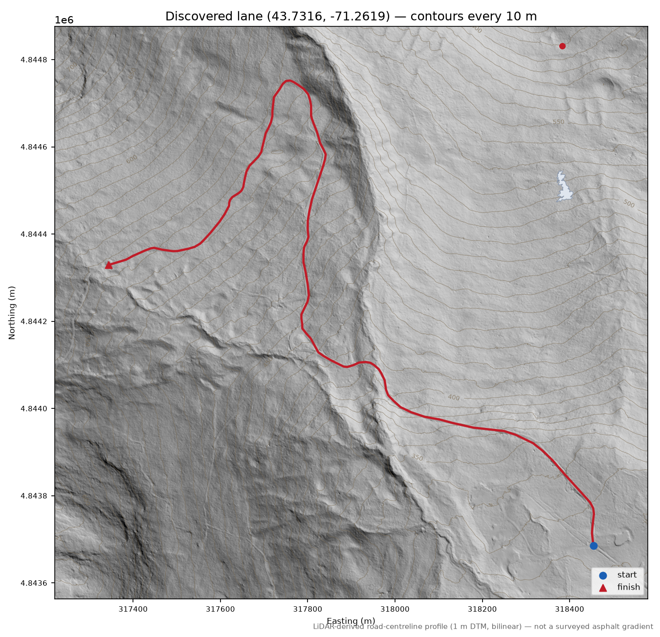 Discovered lane (43.7316, -71.2619) LiDAR hillshade map with contours