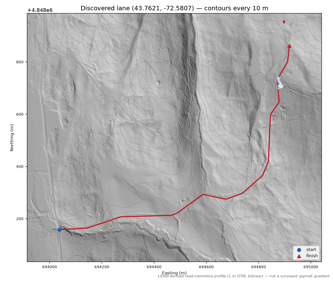 Discovered lane (43.7621, -72.5807) LiDAR hillshade map with contours