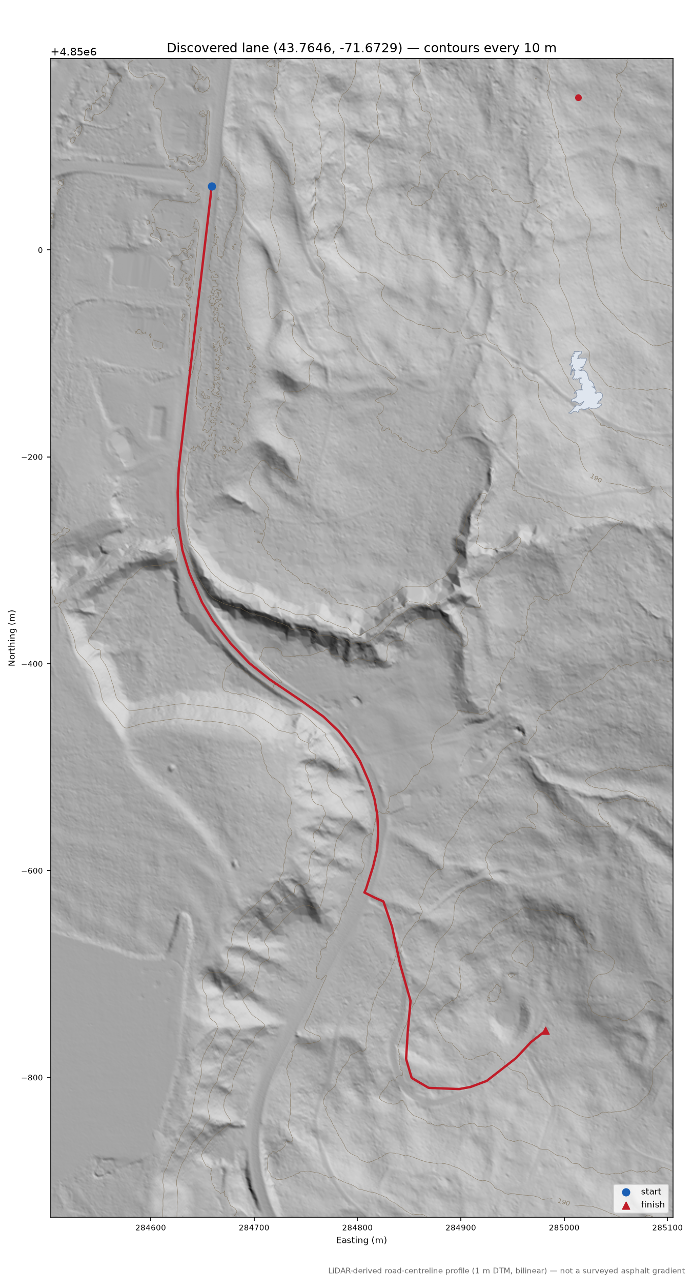 Discovered lane (43.7646, -71.6729) LiDAR hillshade map with contours