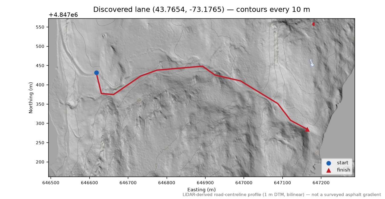 Discovered lane (43.7654, -73.1765) LiDAR hillshade map with contours