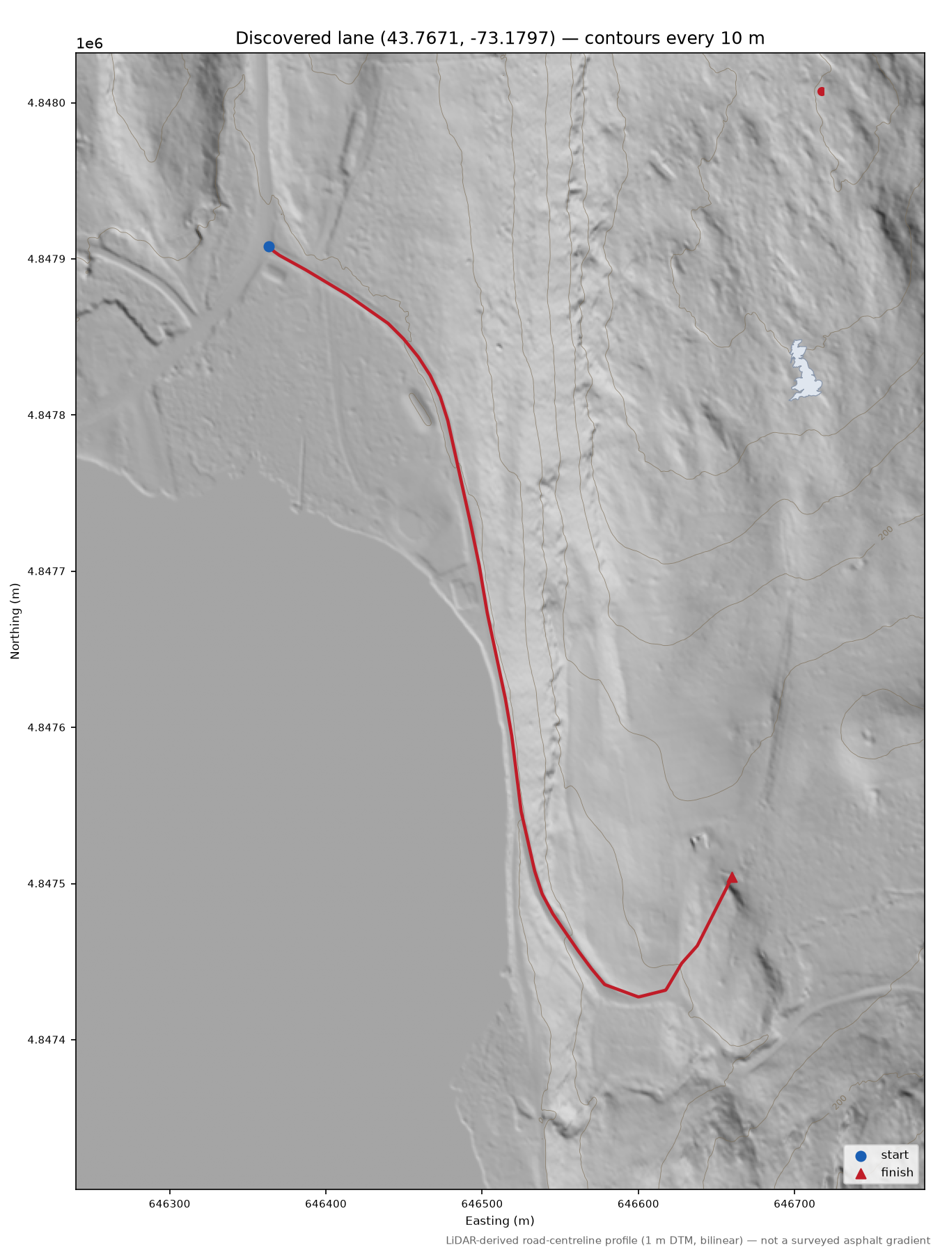 Discovered lane (43.7671, -73.1797) LiDAR hillshade map with contours