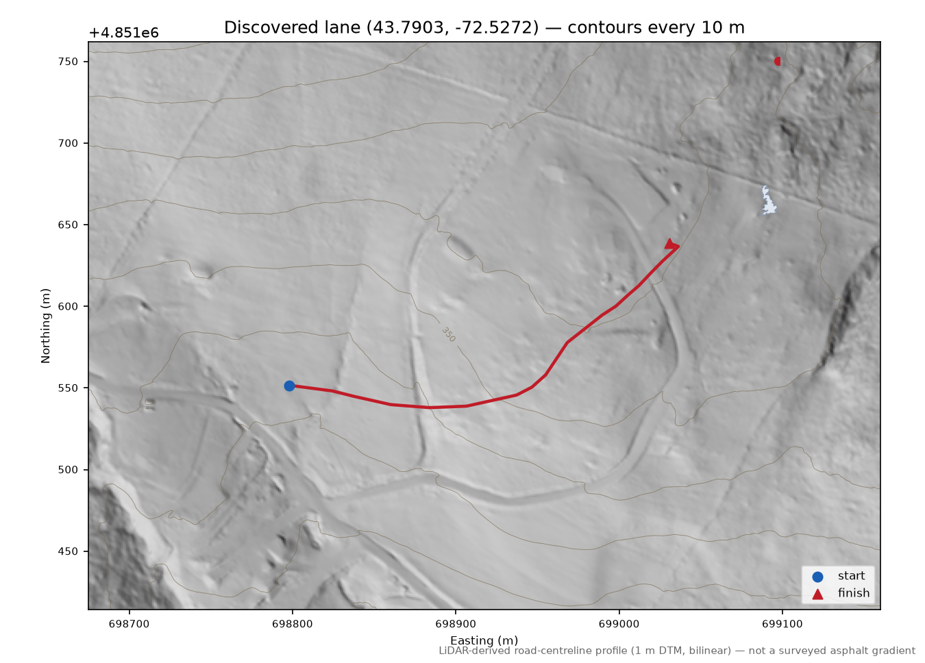 Discovered lane (43.7903, -72.5272) LiDAR hillshade map with contours
