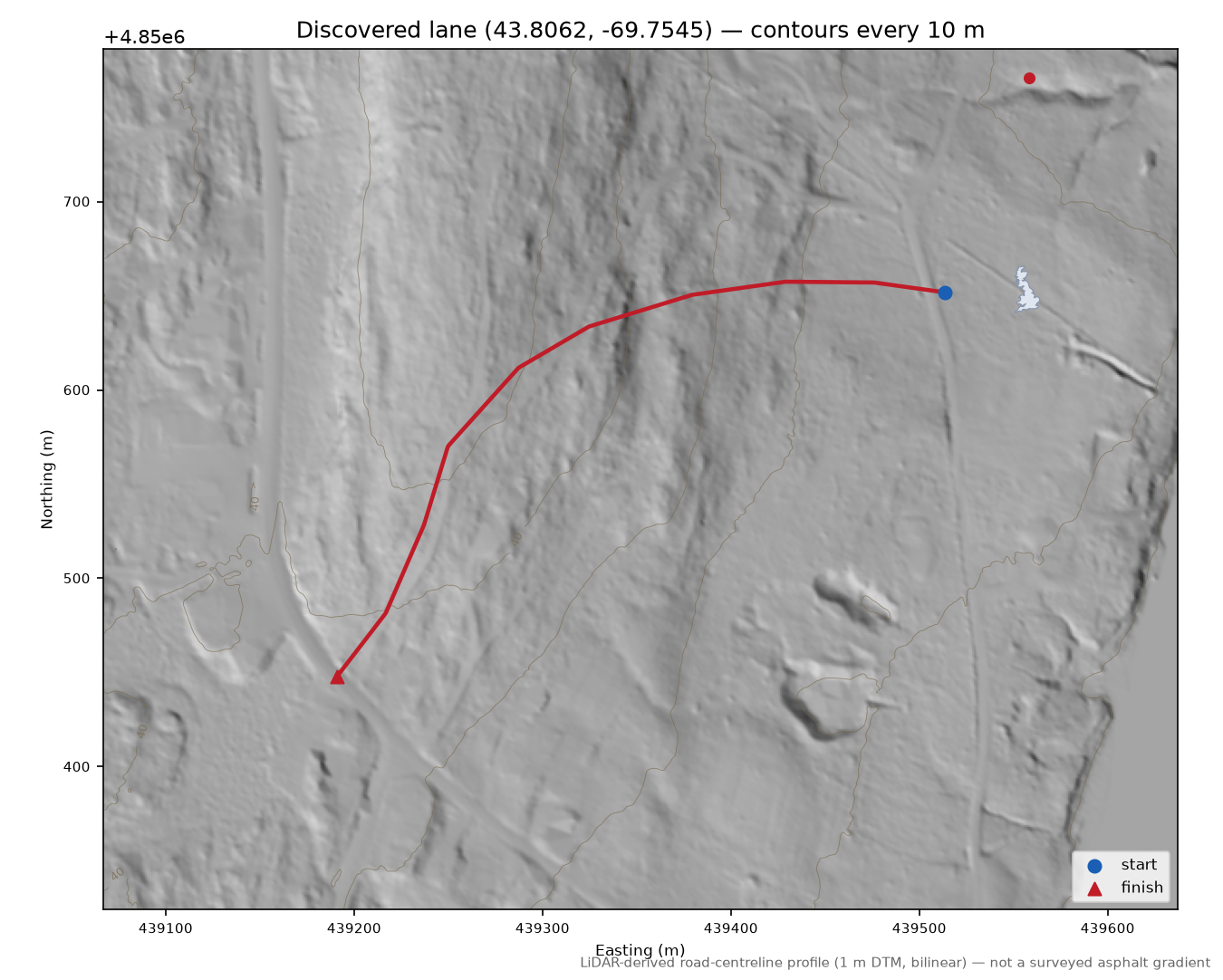 Discovered lane (43.8062, -69.7545) LiDAR hillshade map with contours
