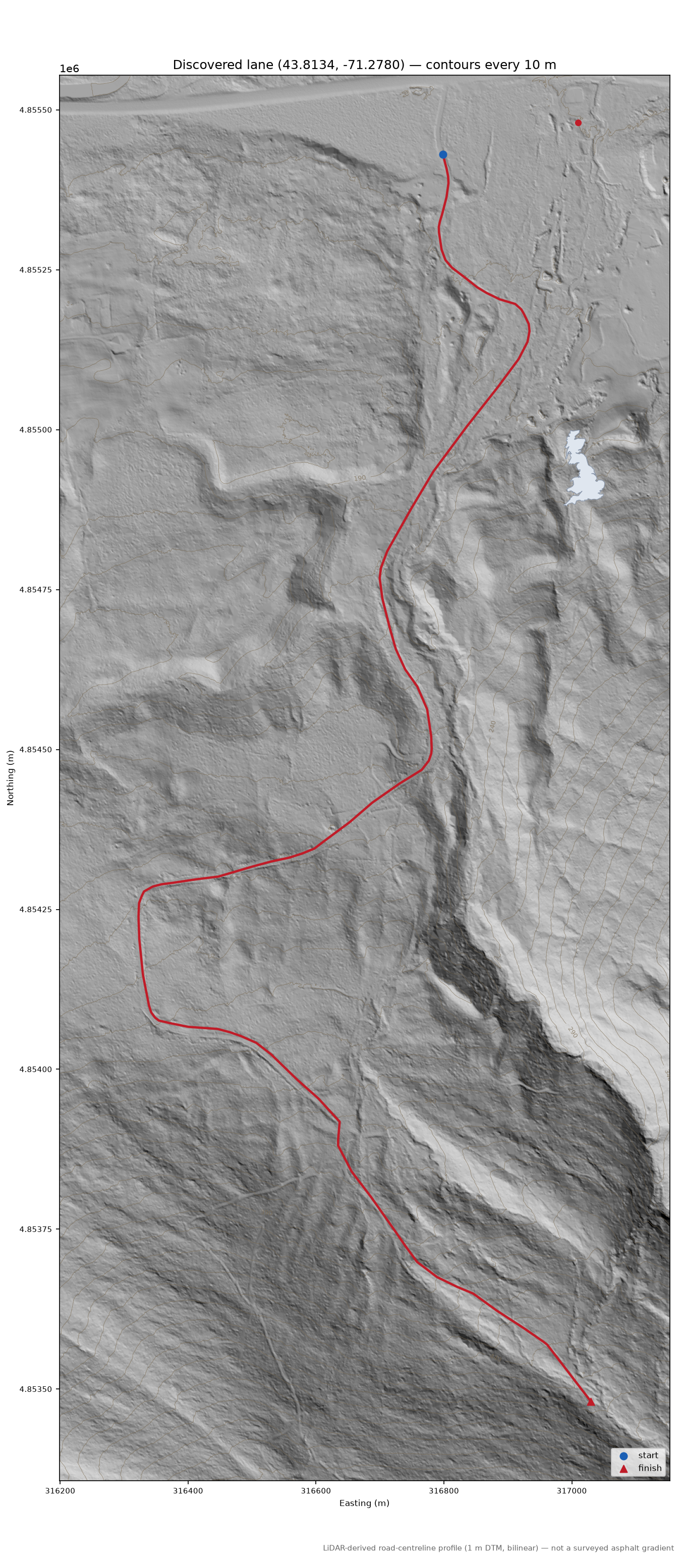 Discovered lane (43.8134, -71.2780) LiDAR hillshade map with contours