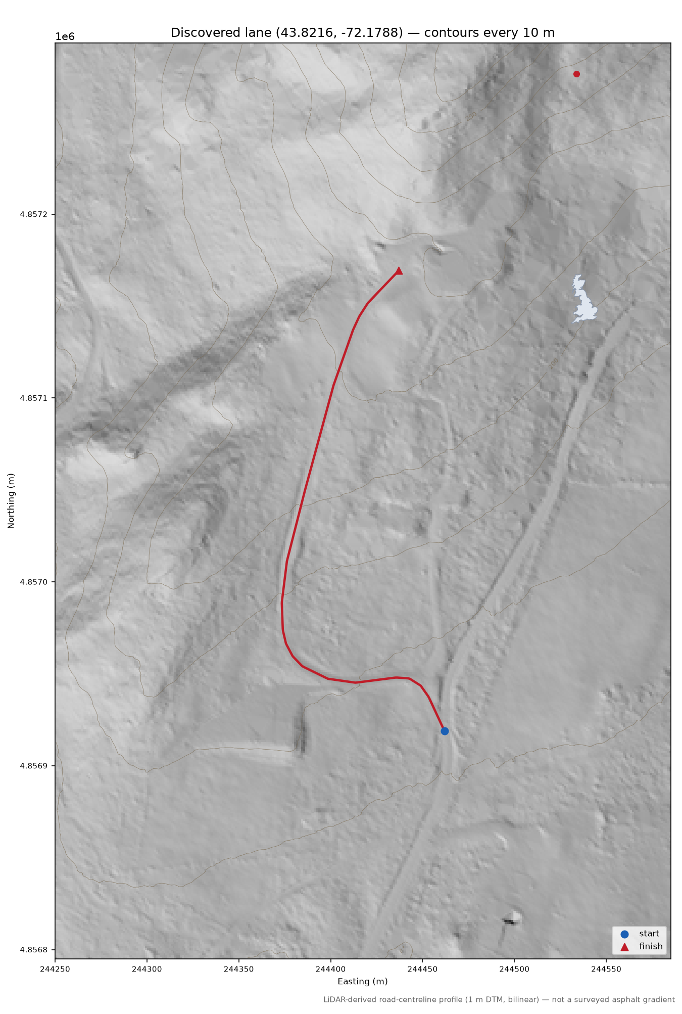 Discovered lane (43.8216, -72.1788) LiDAR hillshade map with contours