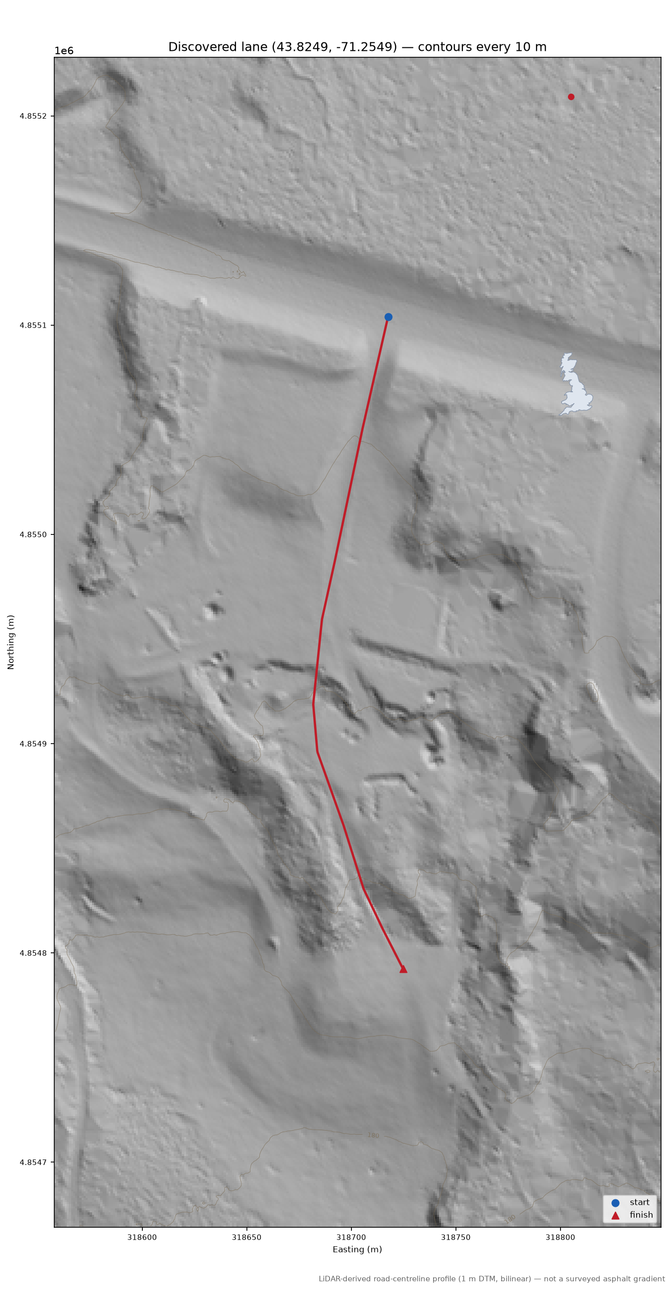 Discovered lane (43.8249, -71.2549) LiDAR hillshade map with contours