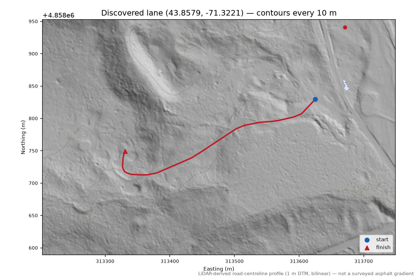 Discovered lane (43.8579, -71.3221) LiDAR hillshade map with contours