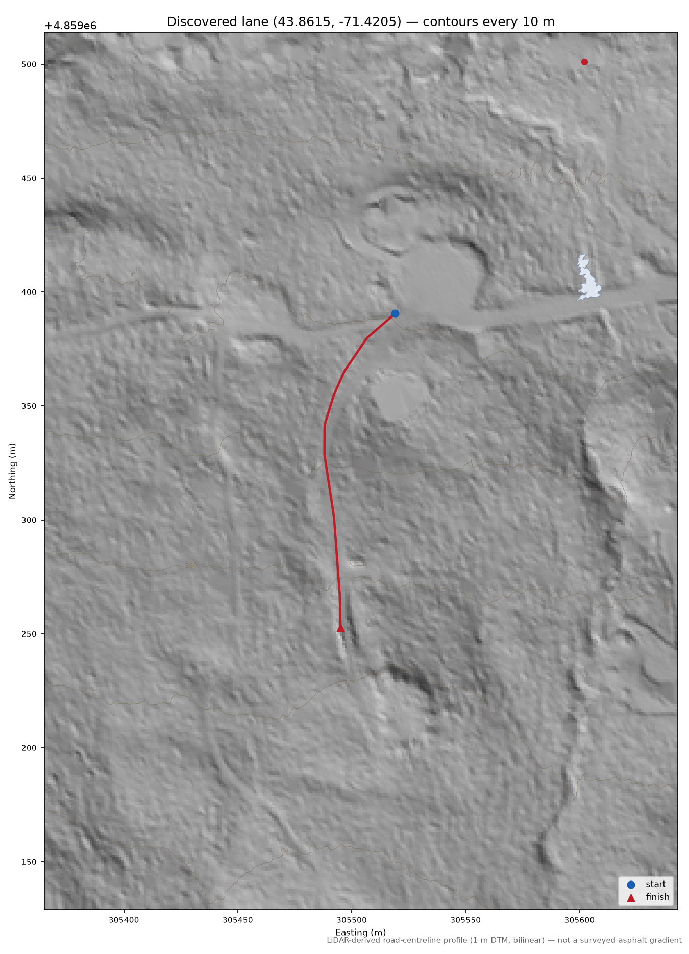 Discovered lane (43.8615, -71.4205) LiDAR hillshade map with contours
