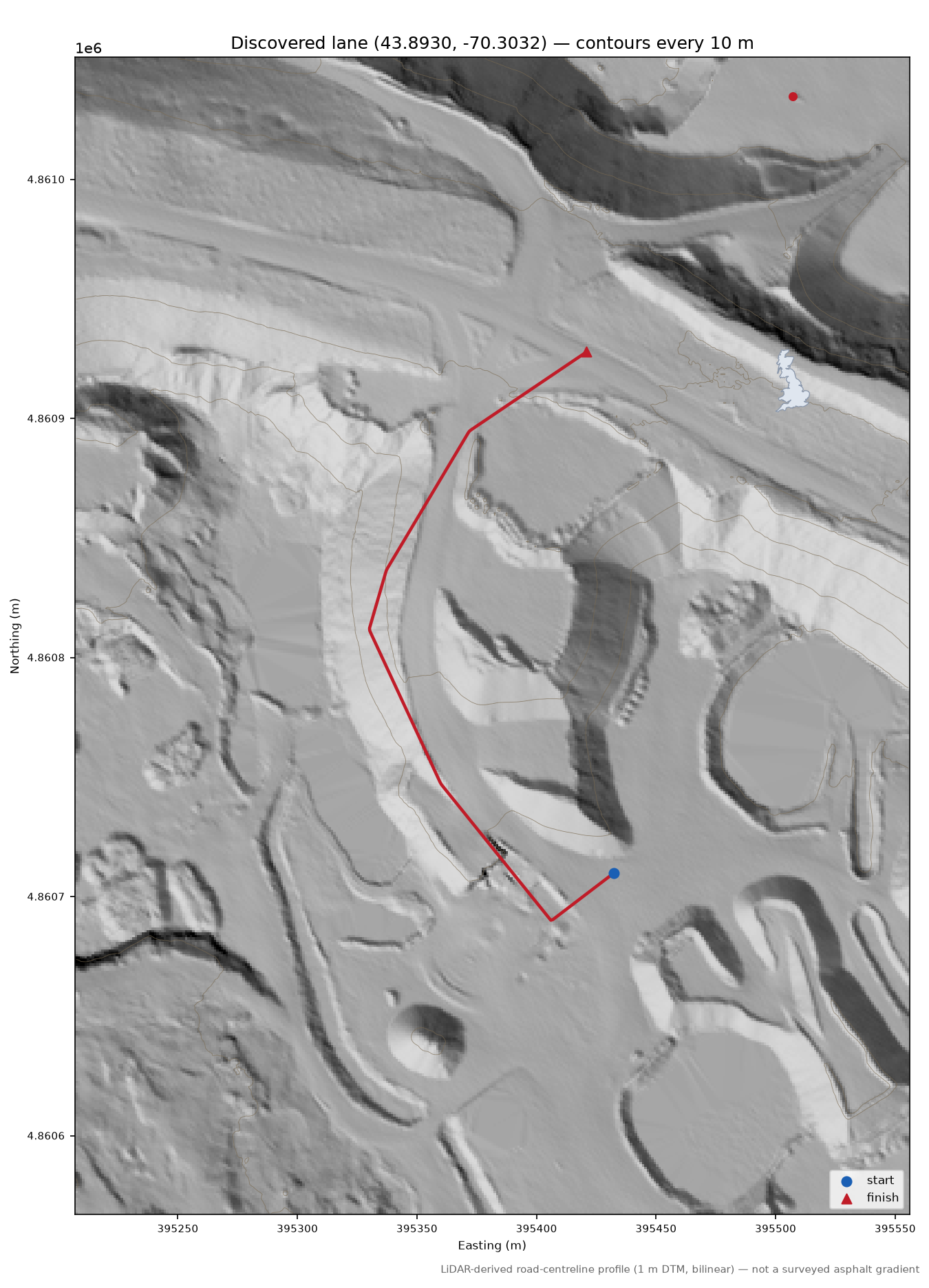 Discovered lane (43.8930, -70.3032) LiDAR hillshade map with contours