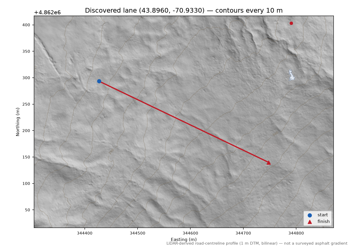 Discovered lane (43.8960, -70.9330) LiDAR hillshade map with contours