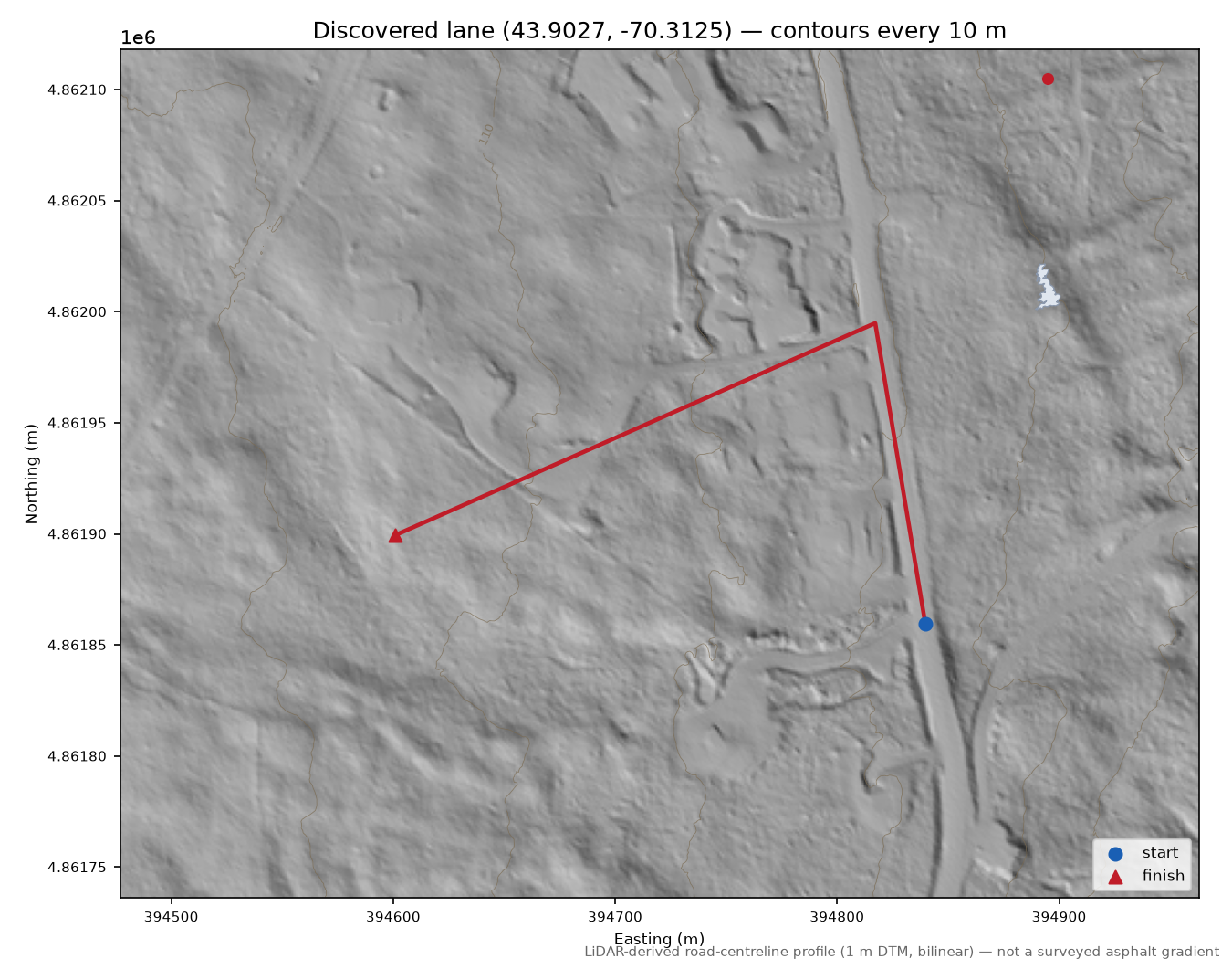 Discovered lane (43.9027, -70.3125) LiDAR hillshade map with contours