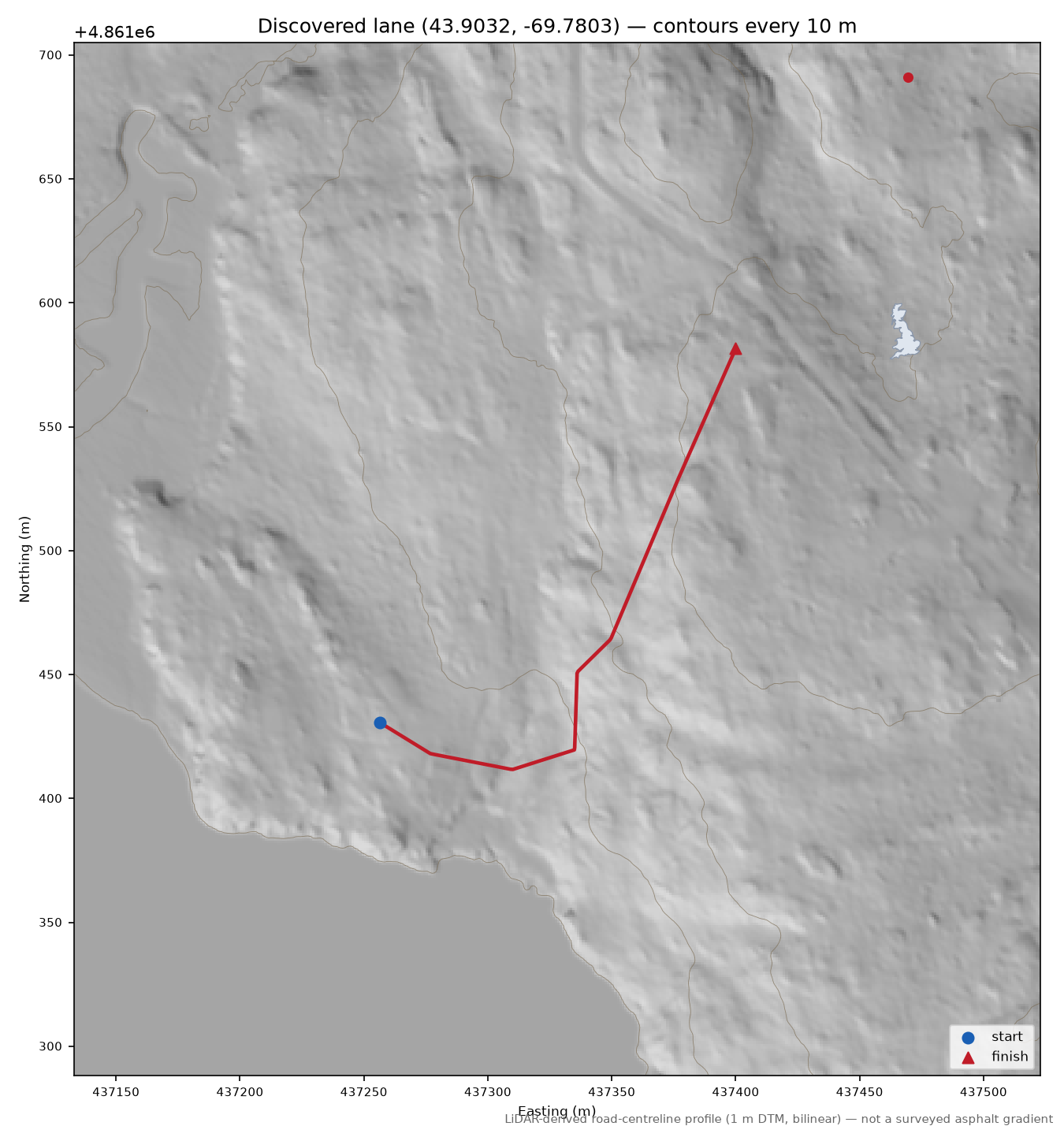 Discovered lane (43.9032, -69.7803) LiDAR hillshade map with contours