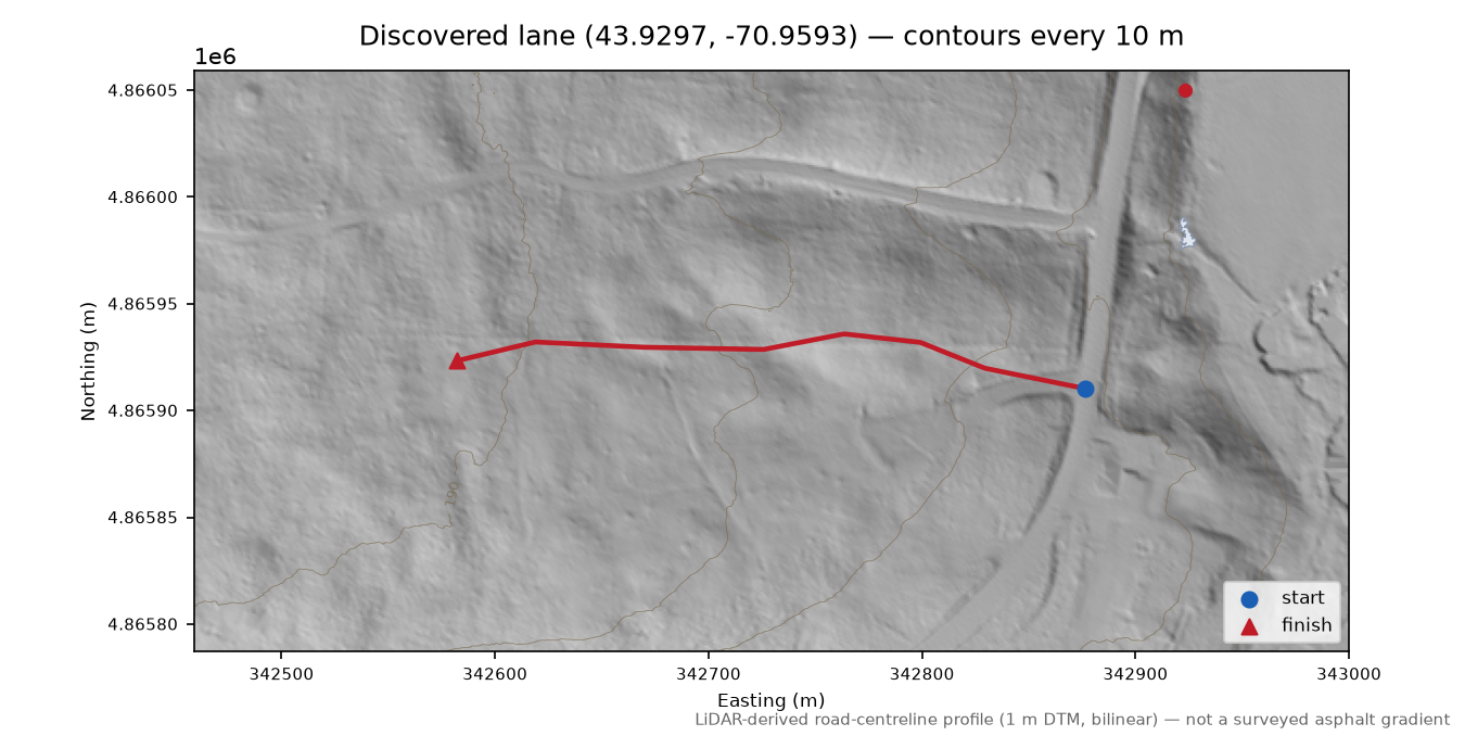 Discovered lane (43.9297, -70.9593) LiDAR hillshade map with contours