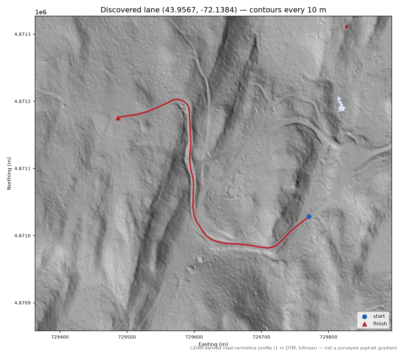 Discovered lane (43.9567, -72.1384) LiDAR hillshade map with contours