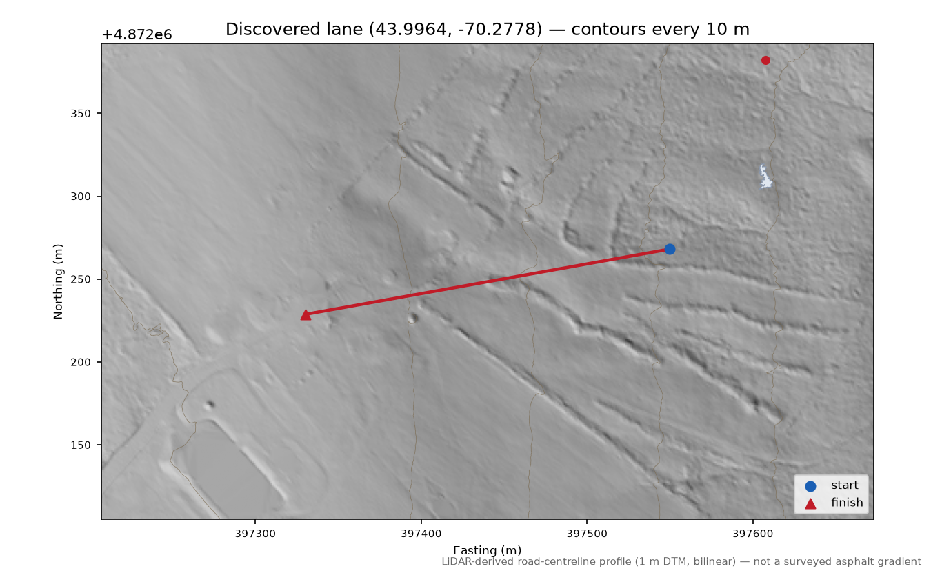 Discovered lane (43.9964, -70.2778) LiDAR hillshade map with contours
