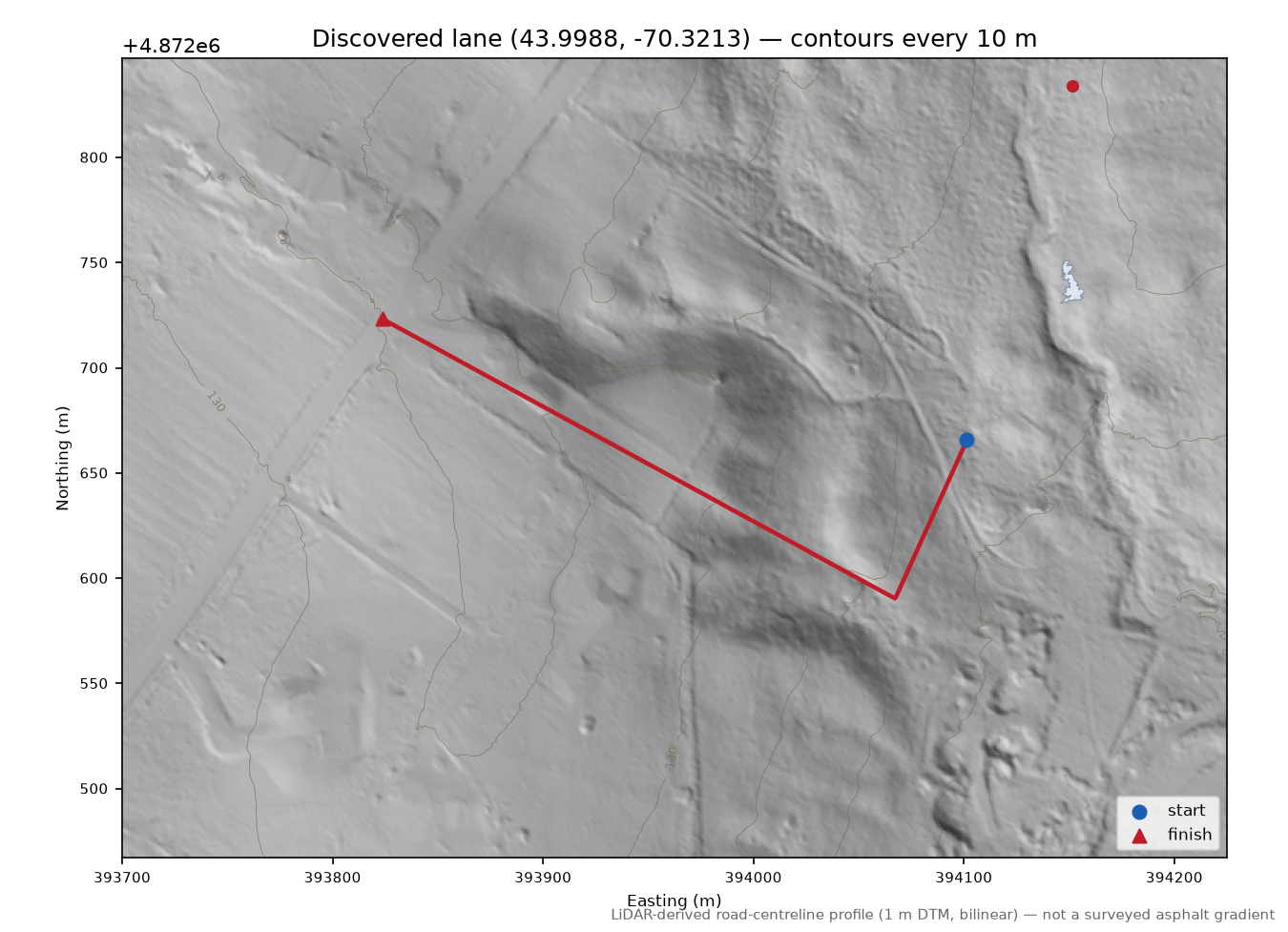 Discovered lane (43.9988, -70.3213) LiDAR hillshade map with contours
