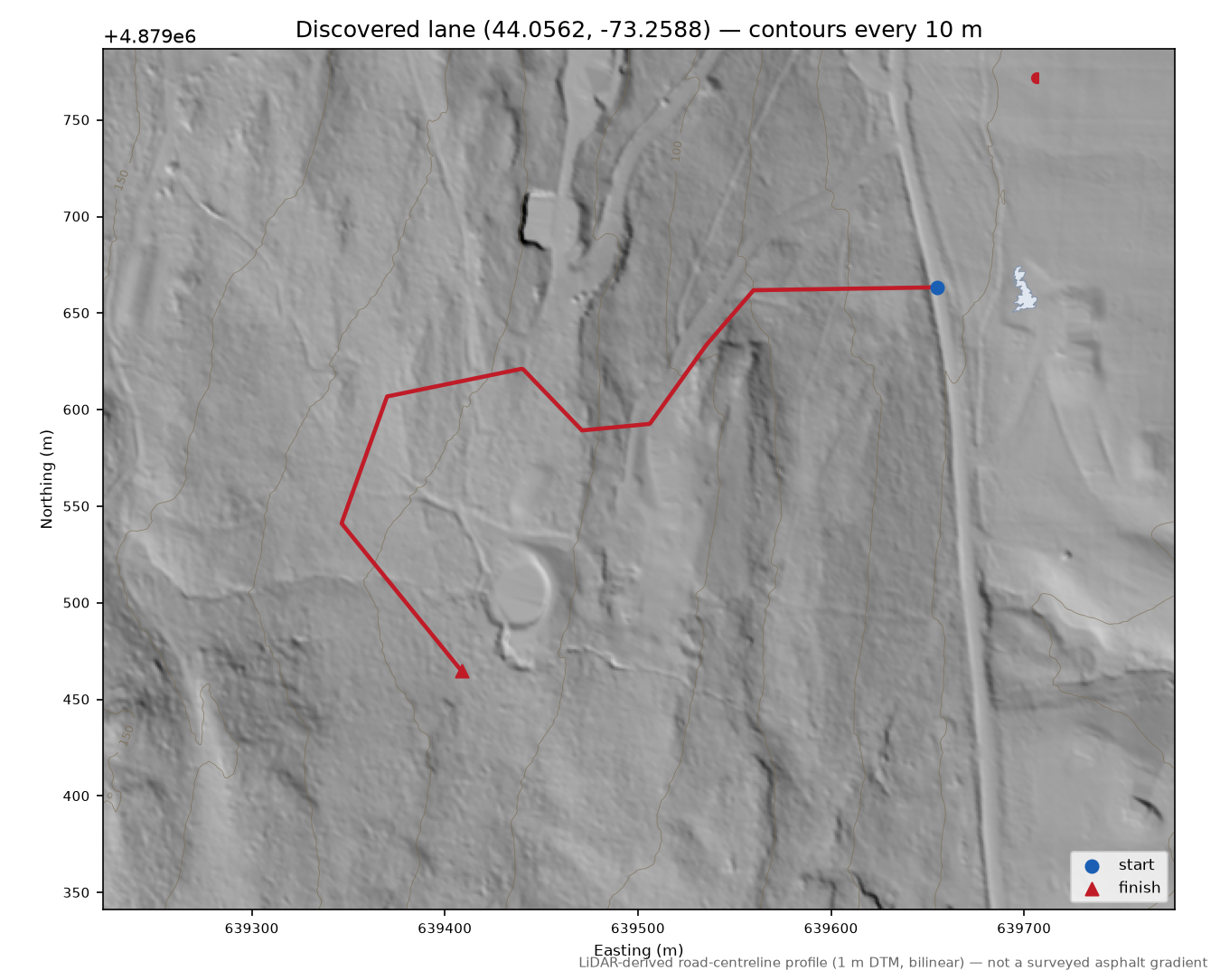 Discovered lane (44.0562, -73.2588) LiDAR hillshade map with contours