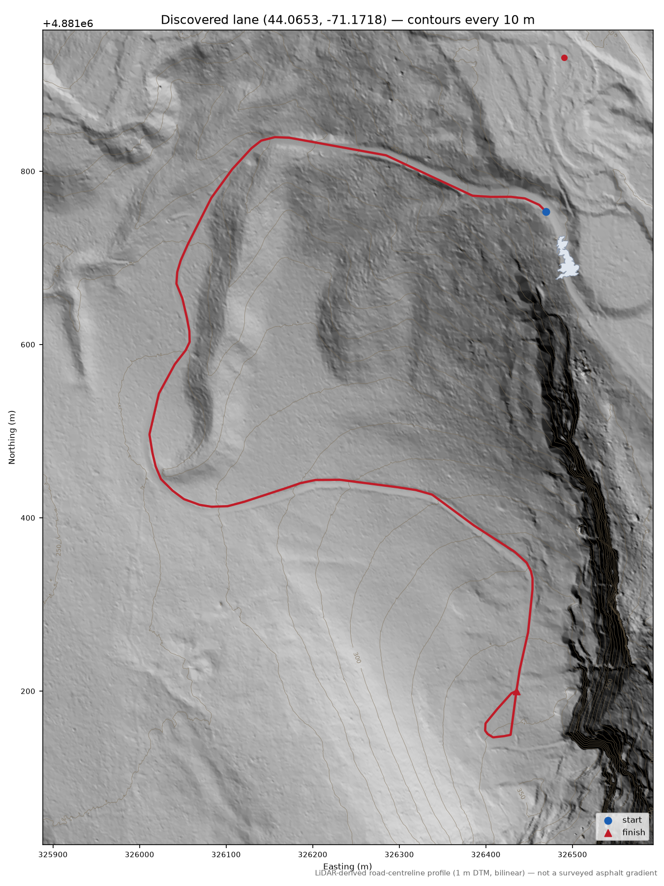Cathedral Ledge Road LiDAR hillshade map with contours