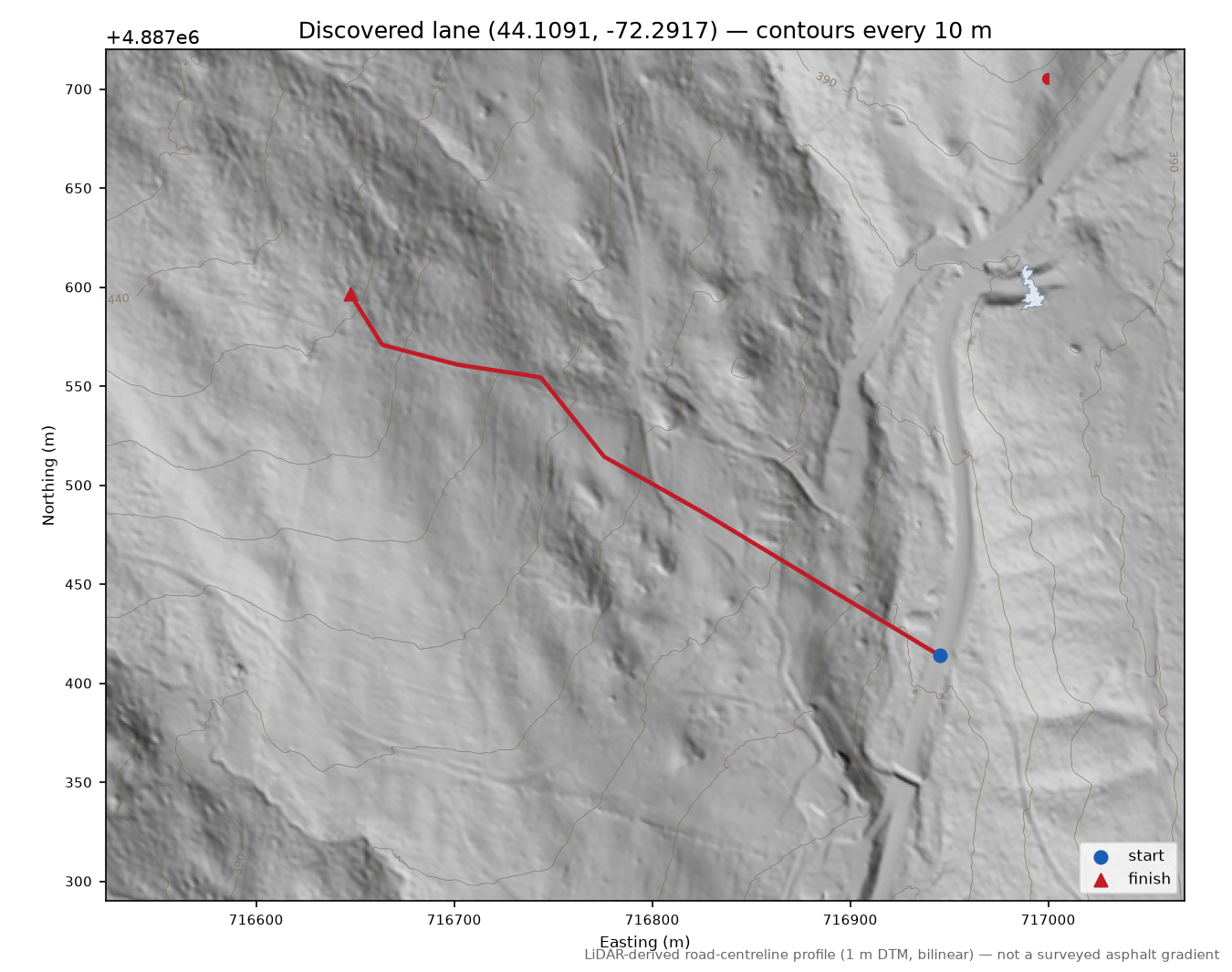 Discovered lane (44.1091, -72.2917) LiDAR hillshade map with contours