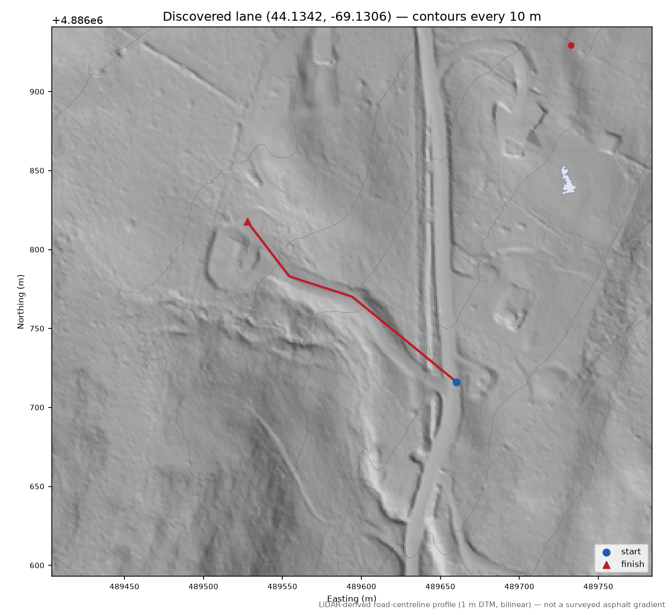 Discovered lane (44.1342, -69.1306) LiDAR hillshade map with contours
