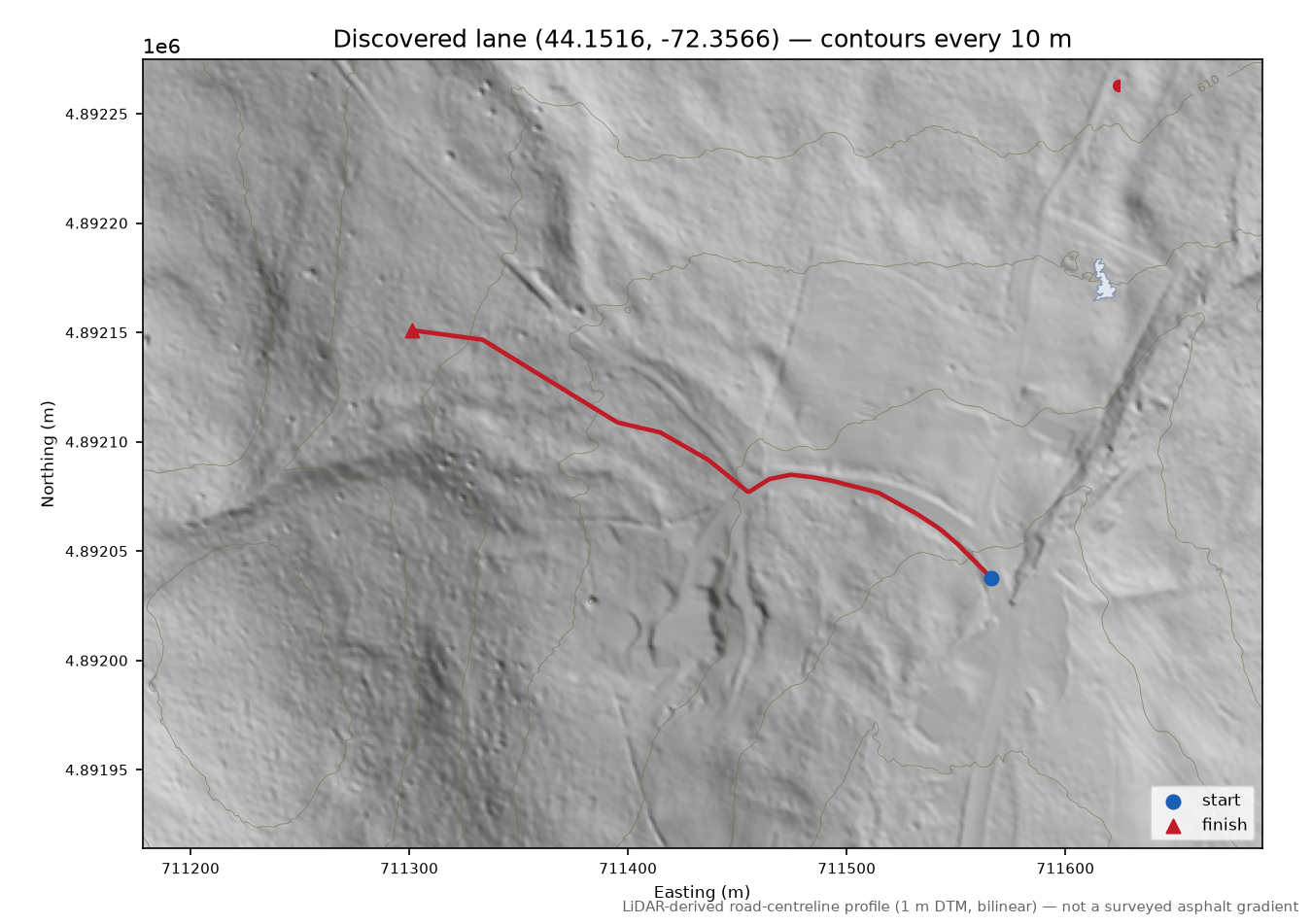 Discovered lane (44.1516, -72.3566) LiDAR hillshade map with contours
