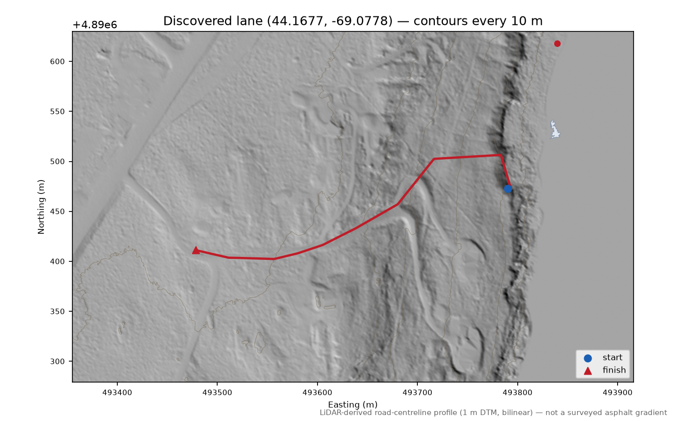 Discovered lane (44.1677, -69.0778) LiDAR hillshade map with contours