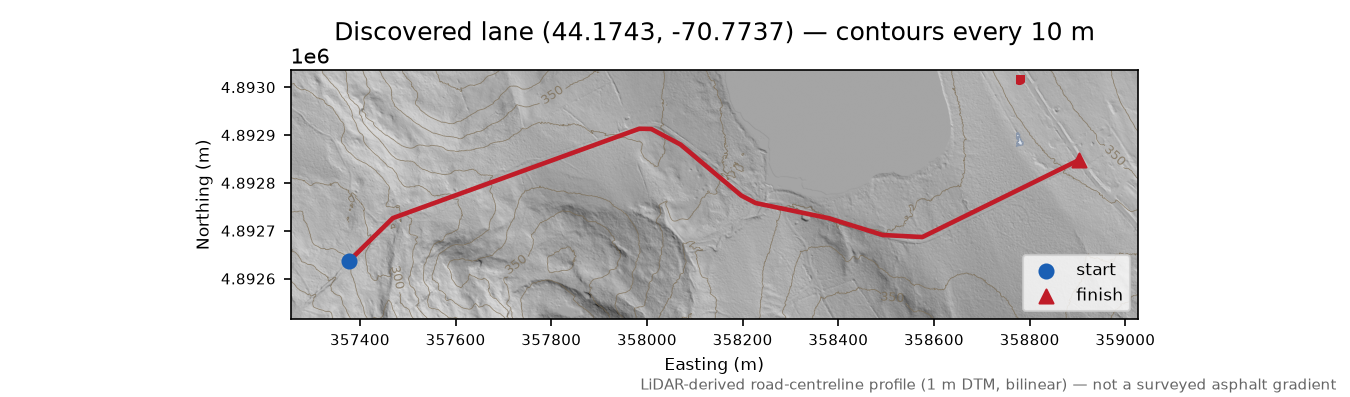 Discovered lane (44.1743, -70.7737) LiDAR hillshade map with contours
