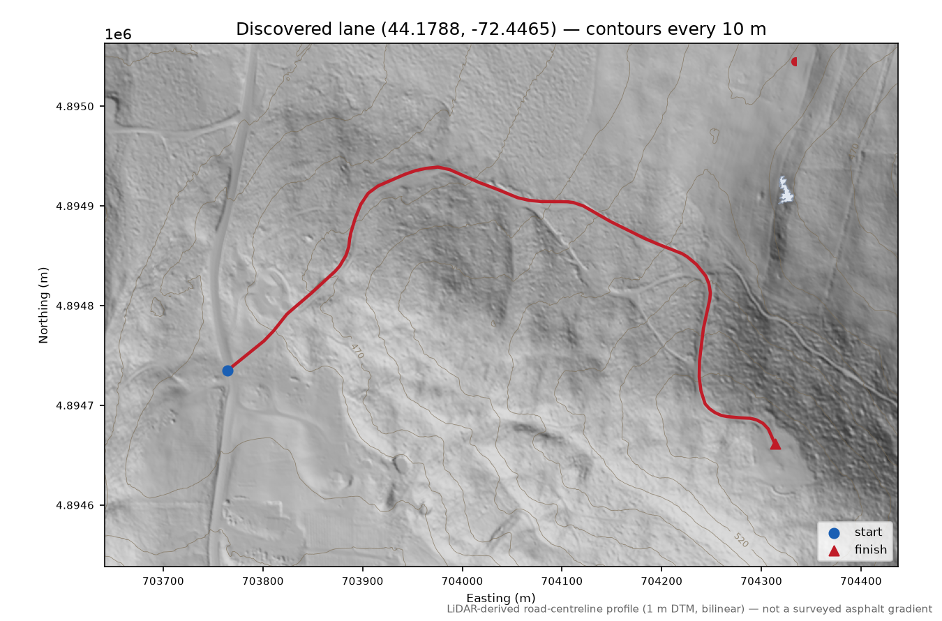 Discovered lane (44.1788, -72.4465) LiDAR hillshade map with contours