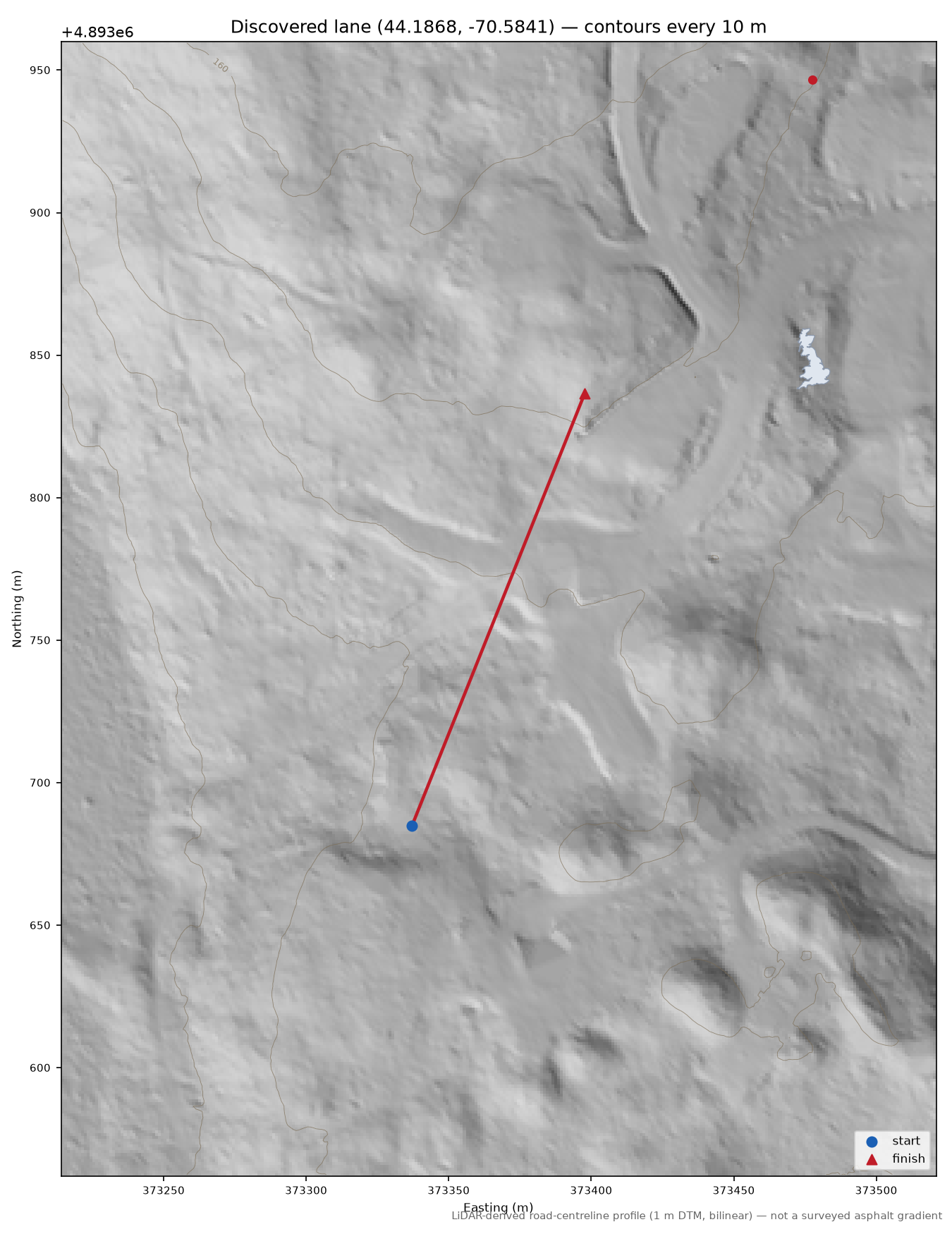 Discovered lane (44.1868, -70.5841) LiDAR hillshade map with contours