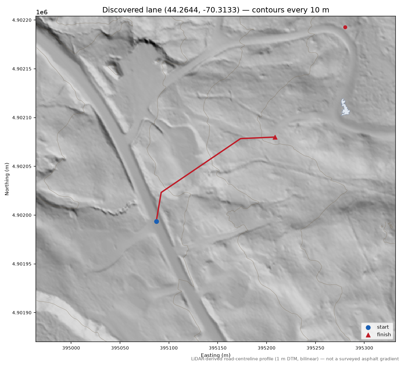 Discovered lane (44.2644, -70.3133) LiDAR hillshade map with contours