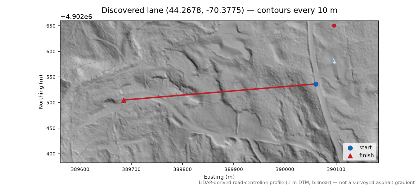 Discovered lane (44.2678, -70.3775) LiDAR hillshade map with contours
