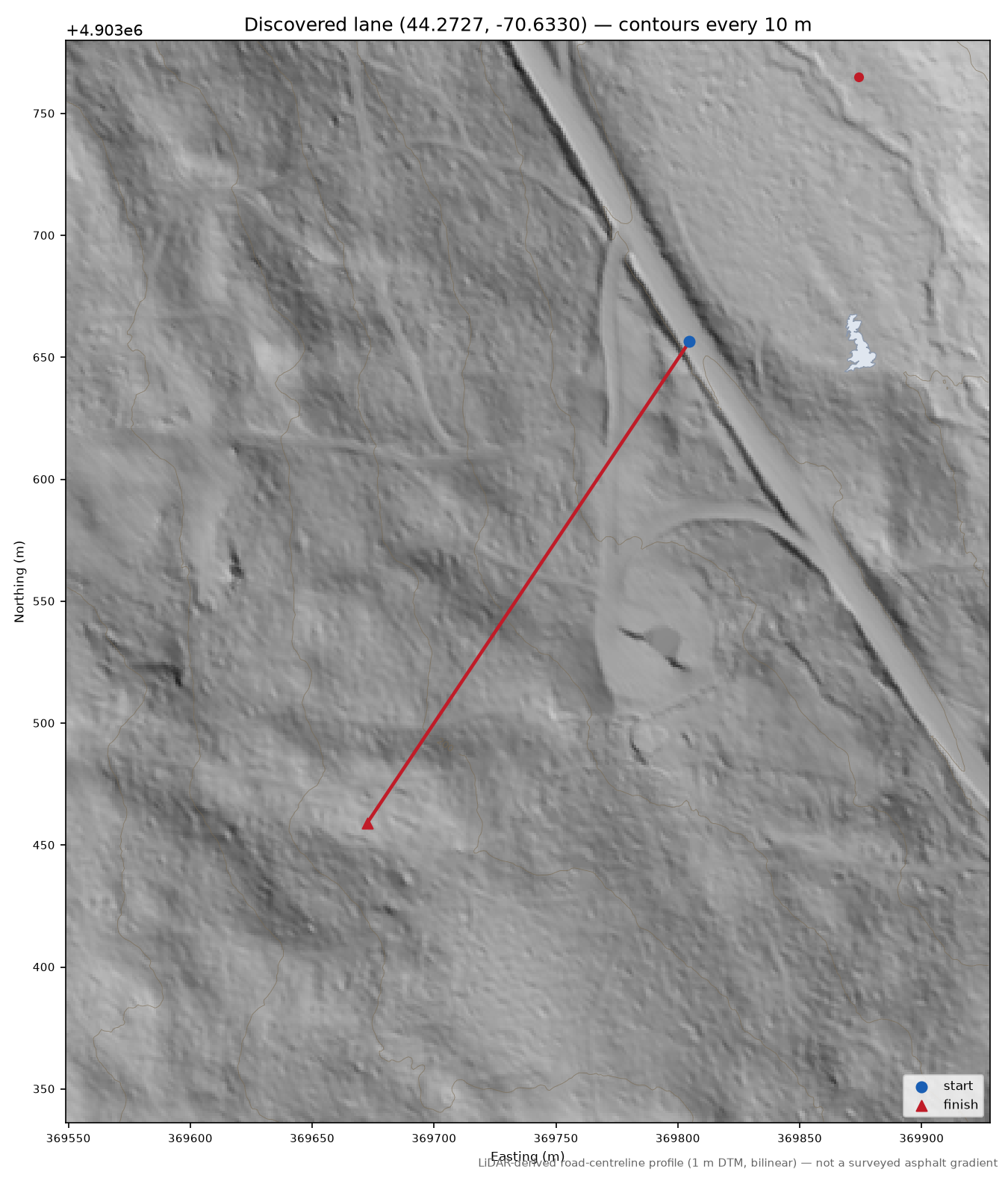 Discovered lane (44.2727, -70.6330) LiDAR hillshade map with contours