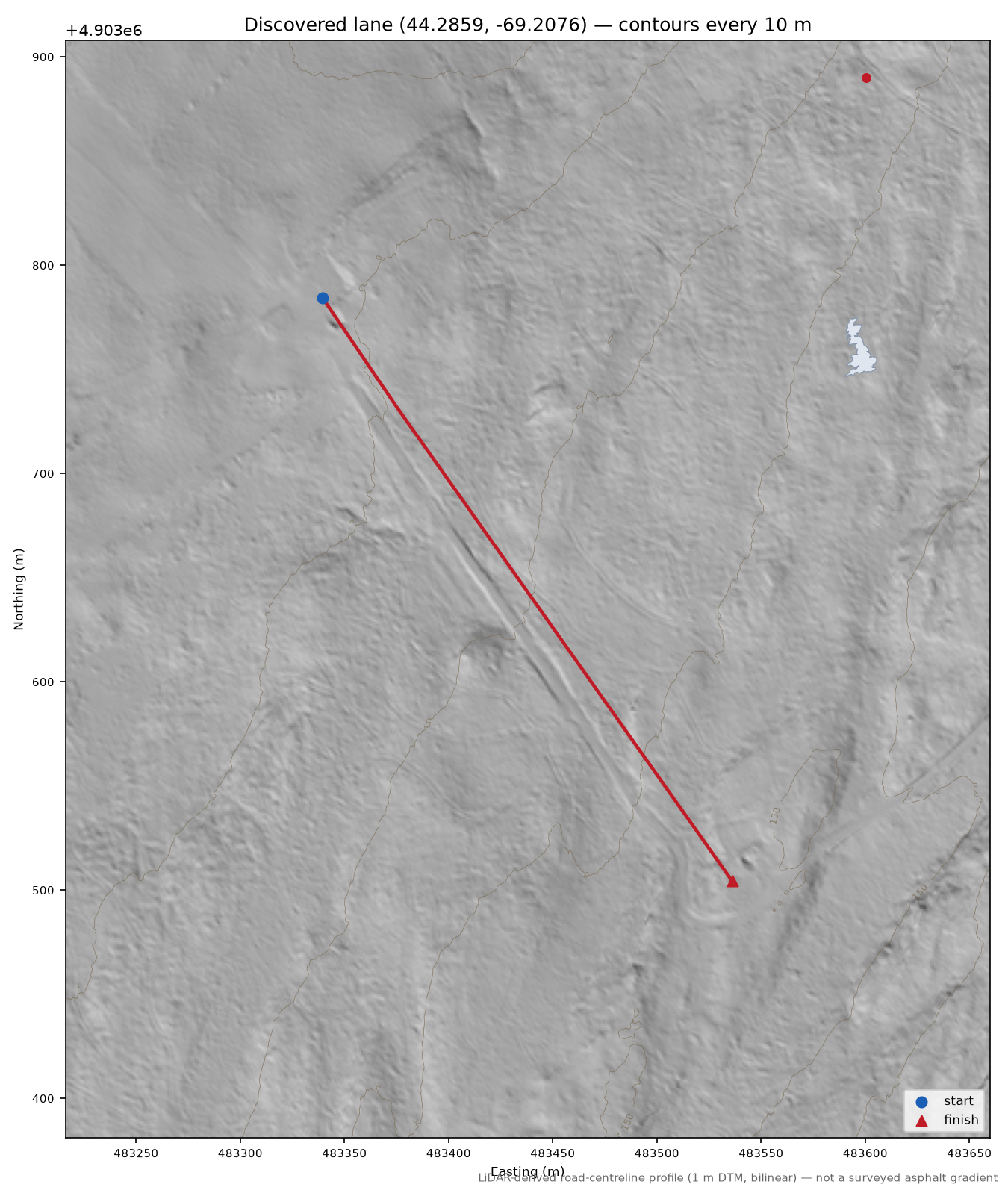 Discovered lane (44.2859, -69.2076) LiDAR hillshade map with contours