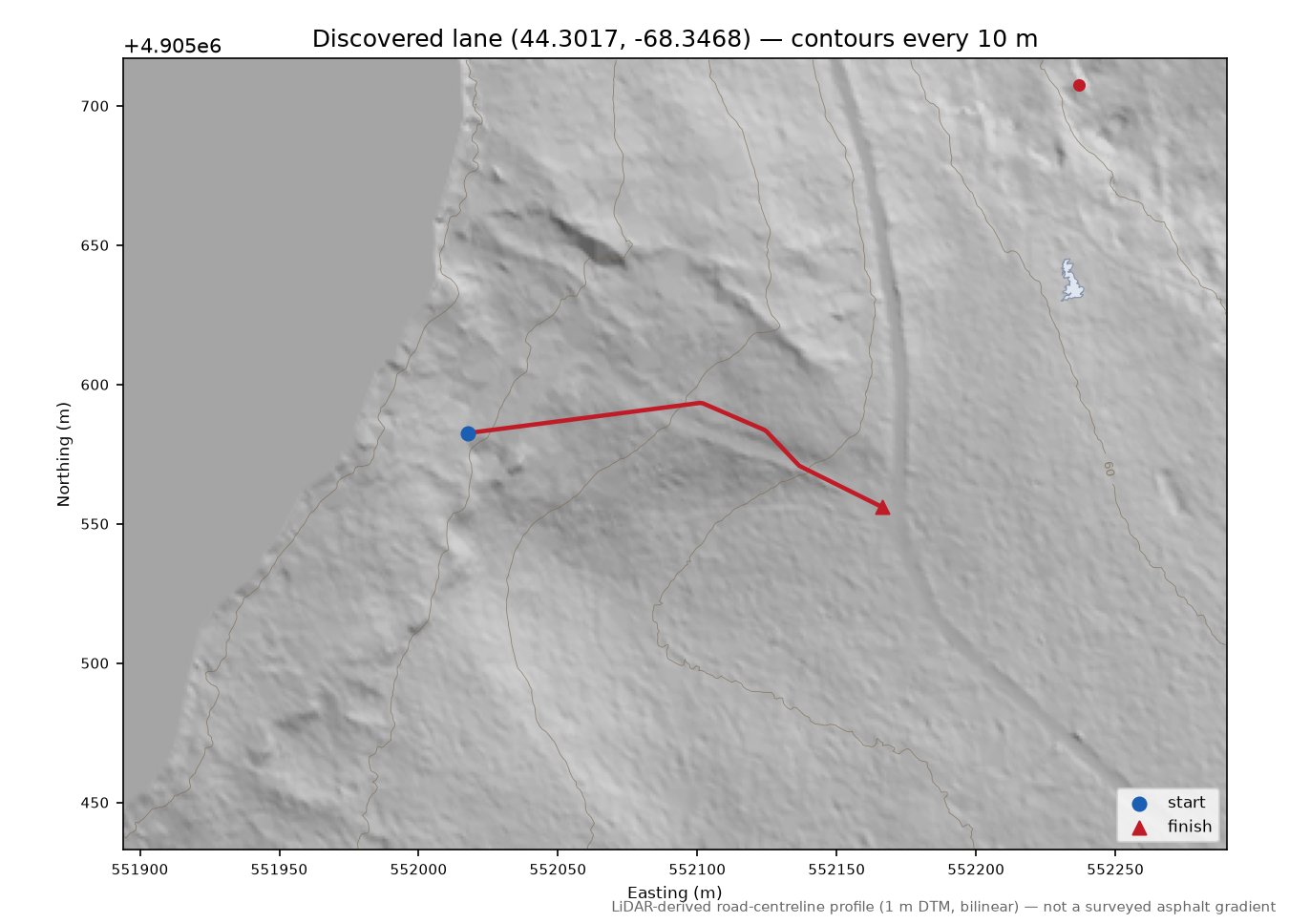 Discovered lane (44.3017, -68.3468) LiDAR hillshade map with contours