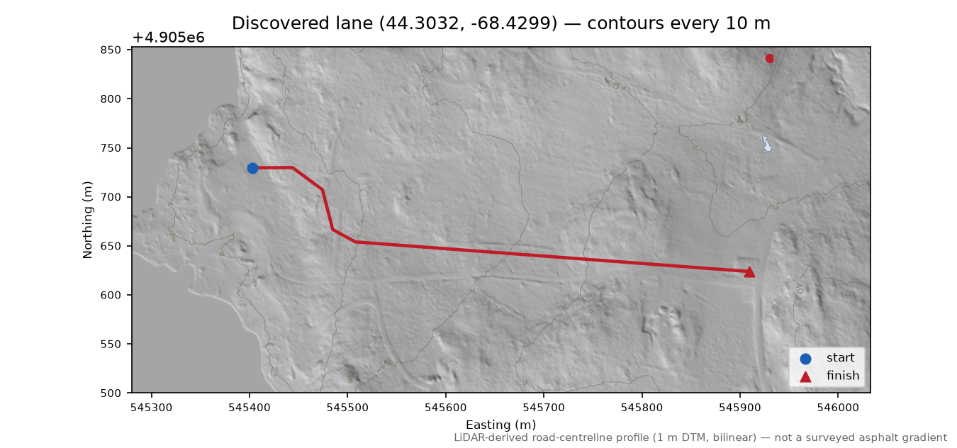 Discovered lane (44.3032, -68.4299) LiDAR hillshade map with contours